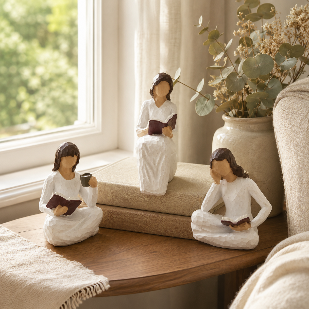 Reading Woman Figurines Set of 3 – Resin Bookshelf Decor