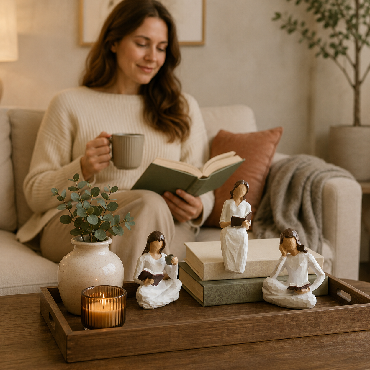 Reading Woman Figurines Set of 3 – Resin Bookshelf Decor