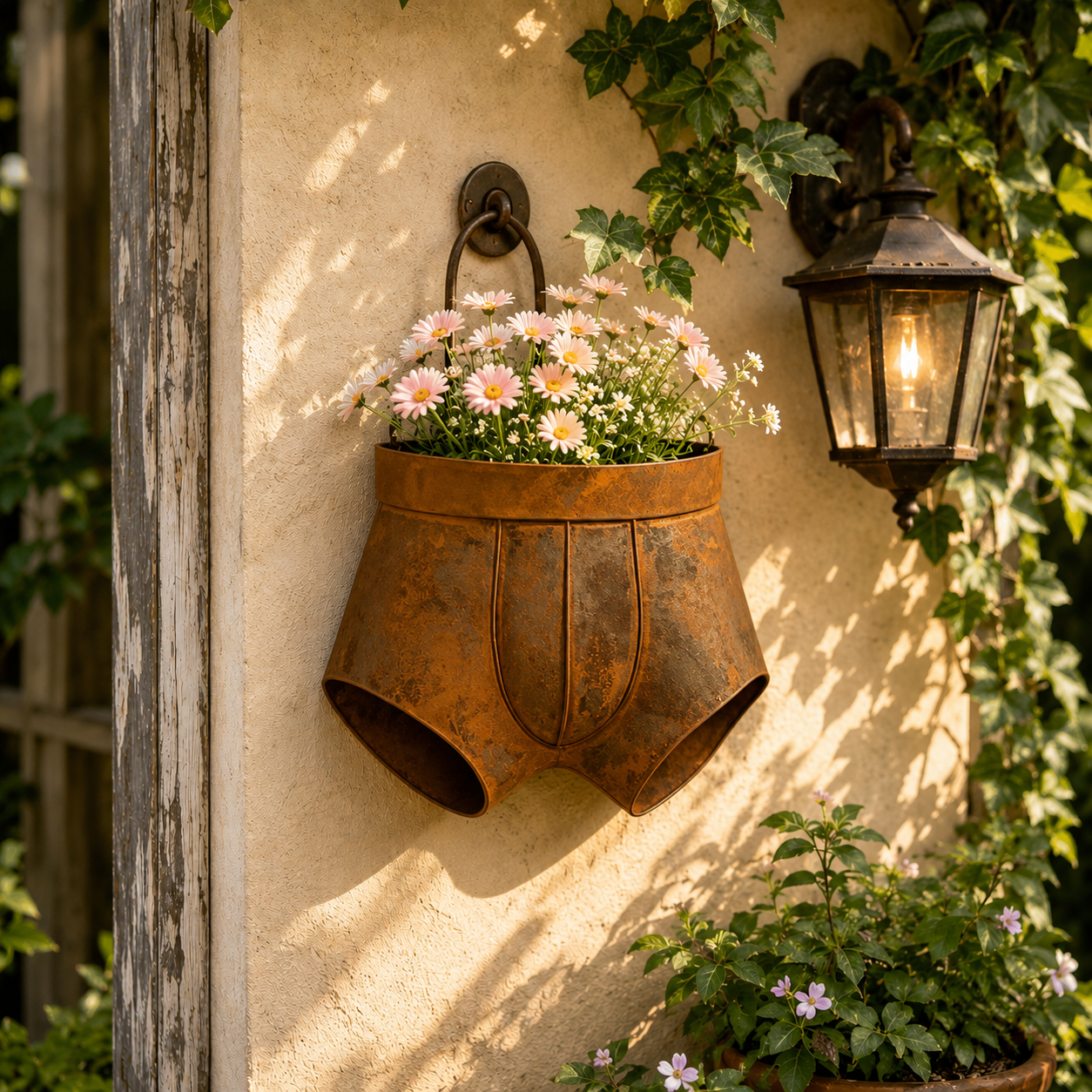 Rustic Metal Shorts Hanging Planter, Funny Outdoor Wall Flower Pot