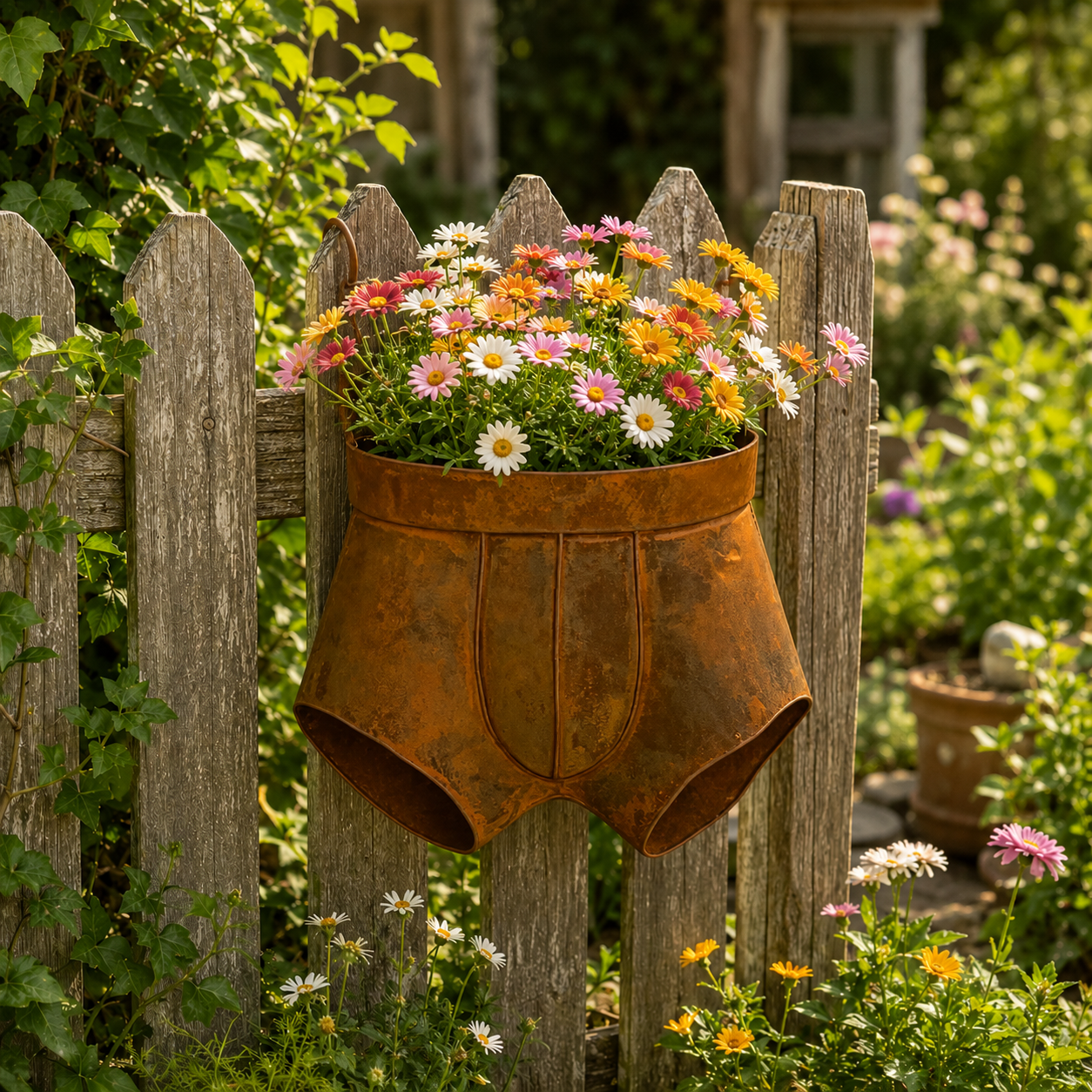 Rustic Metal Shorts Hanging Planter, Funny Outdoor Wall Flower Pot
