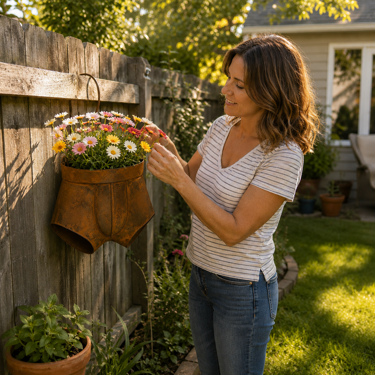 Rustic Metal Shorts Hanging Planter, Funny Outdoor Wall Flower Pot