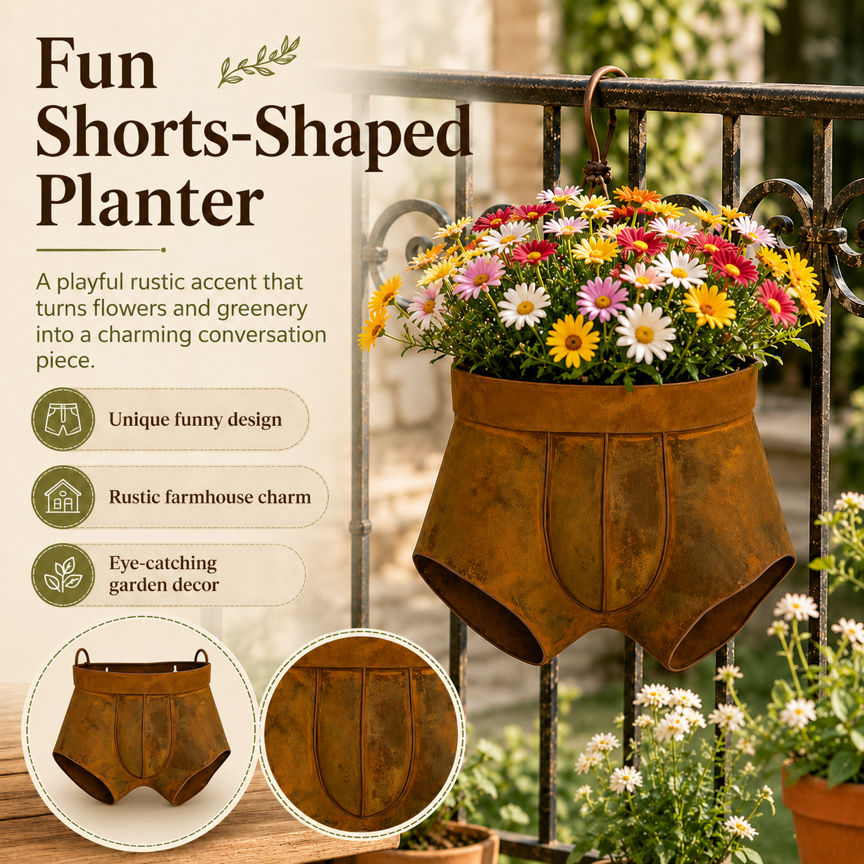 Rustic Metal Shorts Hanging Planter, Funny Outdoor Wall Flower Pot