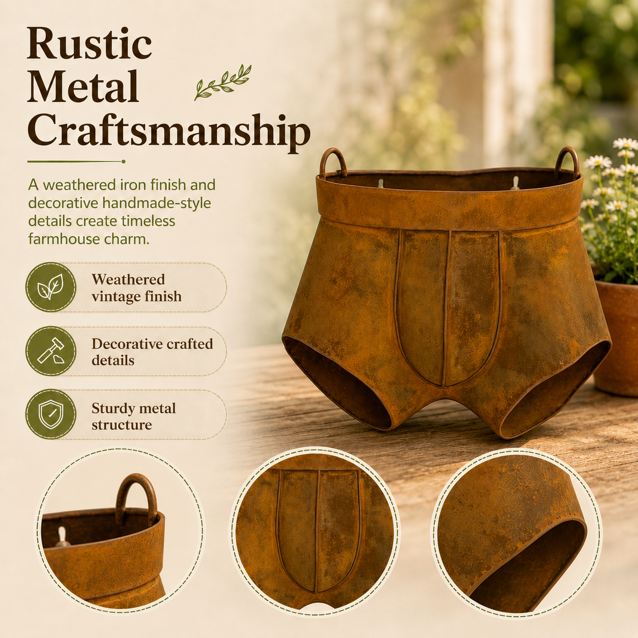 Rustic Metal Shorts Hanging Planter, Funny Outdoor Wall Flower Pot