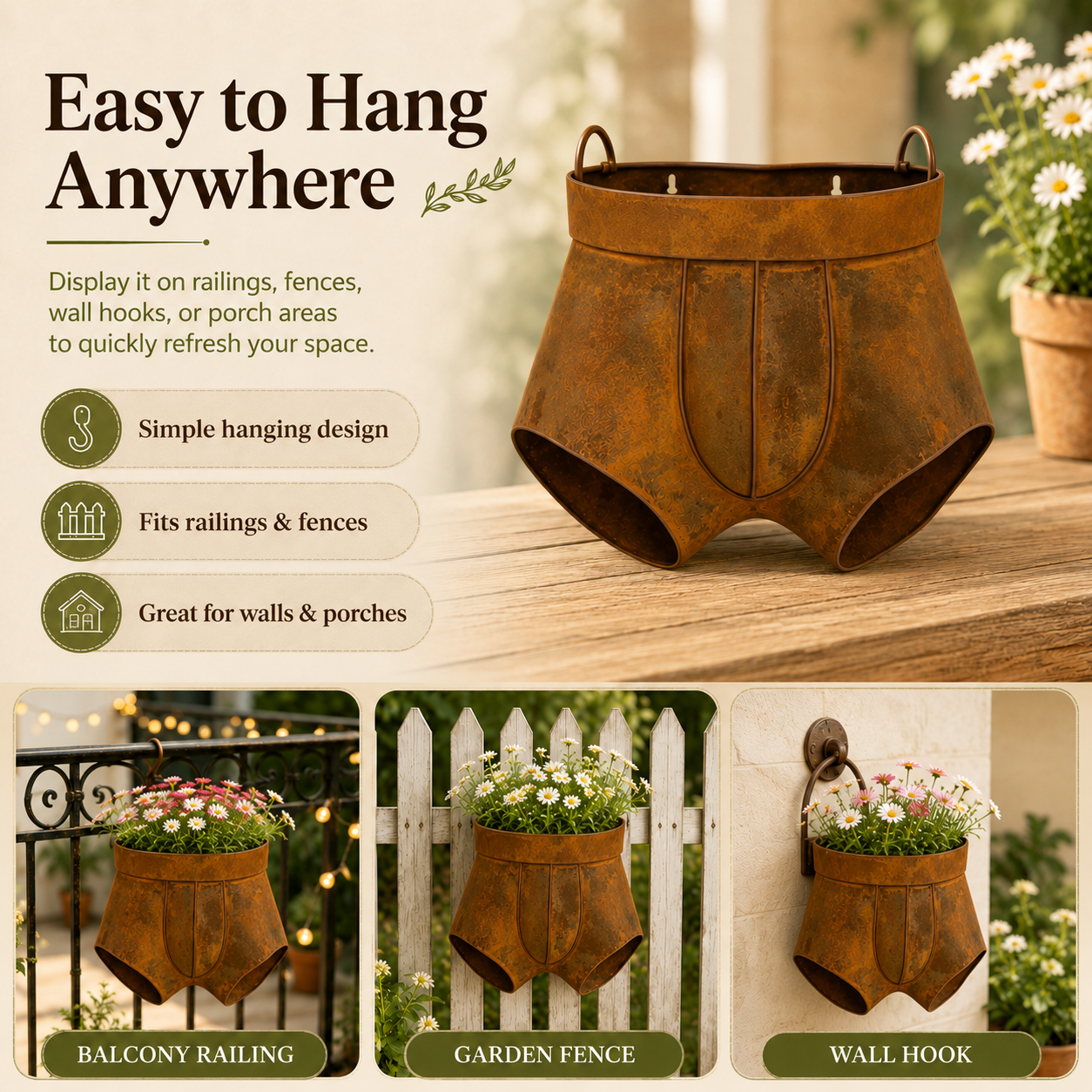 Rustic Metal Shorts Hanging Planter, Funny Outdoor Wall Flower Pot