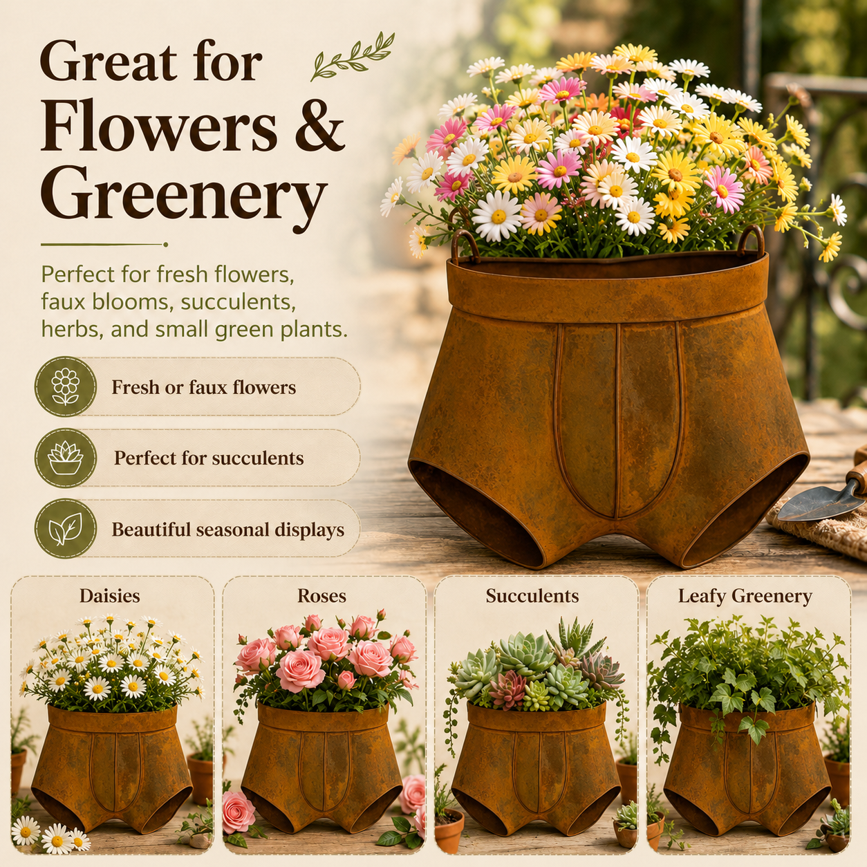 Rustic Metal Shorts Hanging Planter, Funny Outdoor Wall Flower Pot