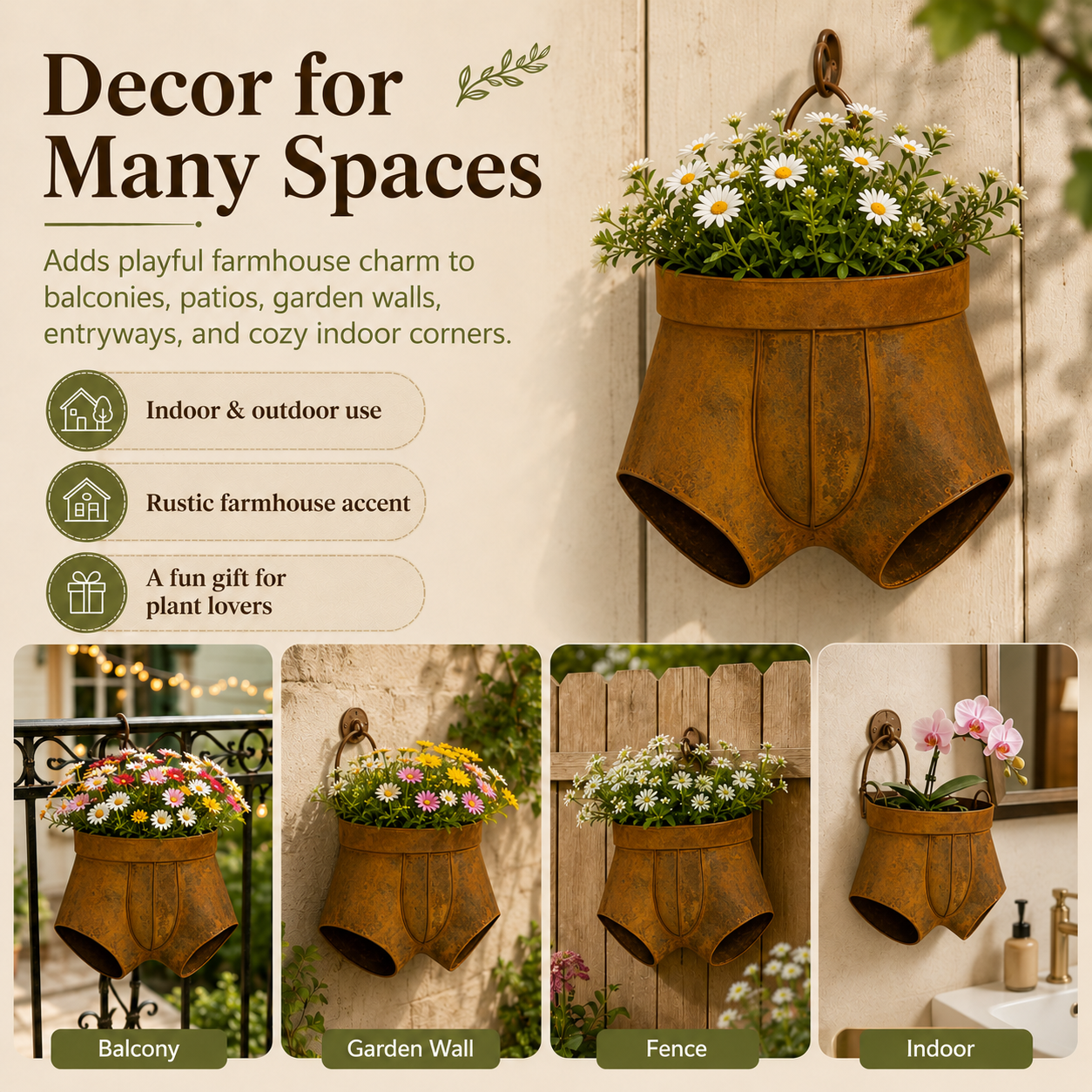 Rustic Metal Shorts Hanging Planter, Funny Outdoor Wall Flower Pot