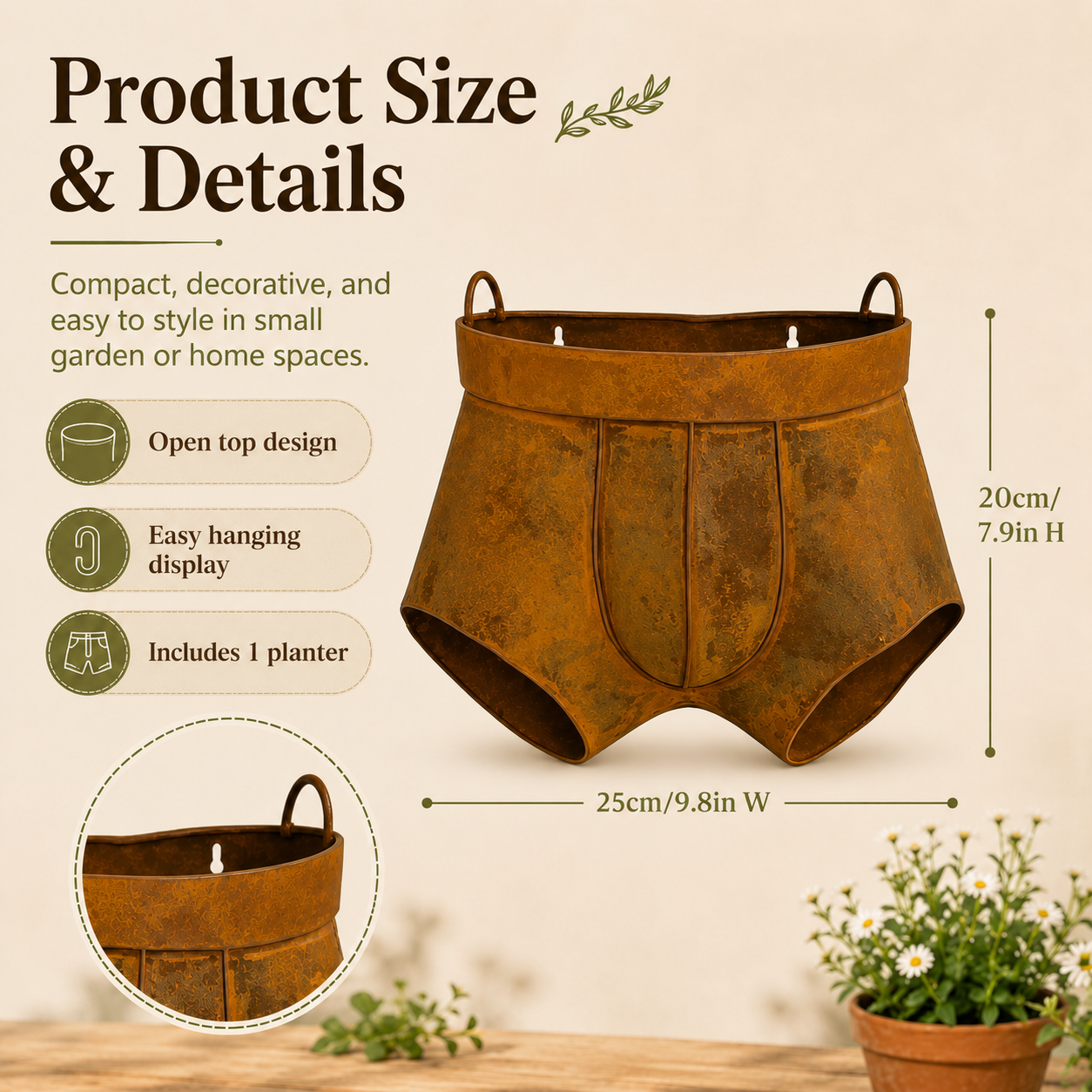 Rustic Metal Shorts Hanging Planter, Funny Outdoor Wall Flower Pot
