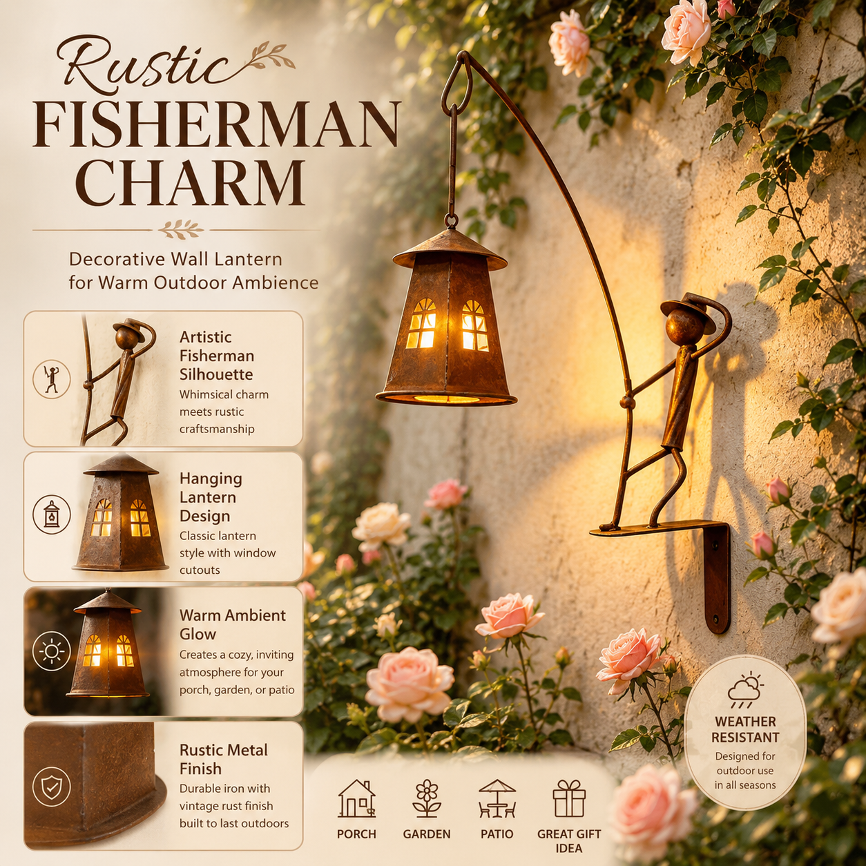 Rustic Fisherman Wall Lantern Holder Outdoor Metal Garden Decor