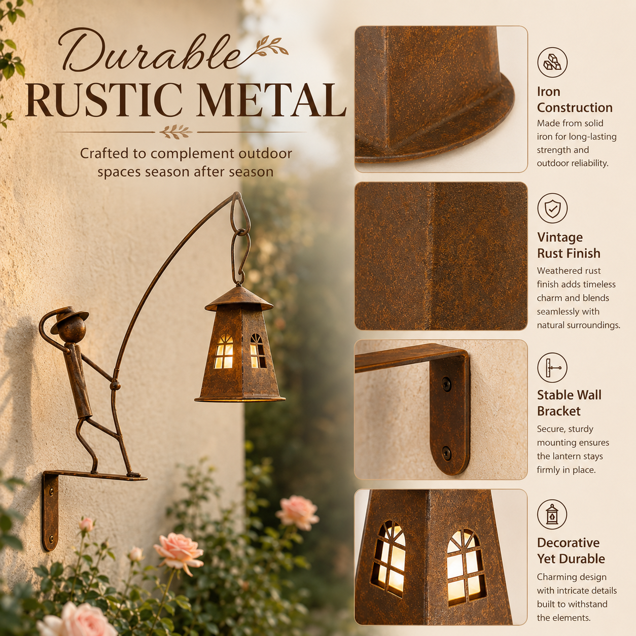 Rustic Fisherman Wall Lantern Holder Outdoor Metal Garden Decor
