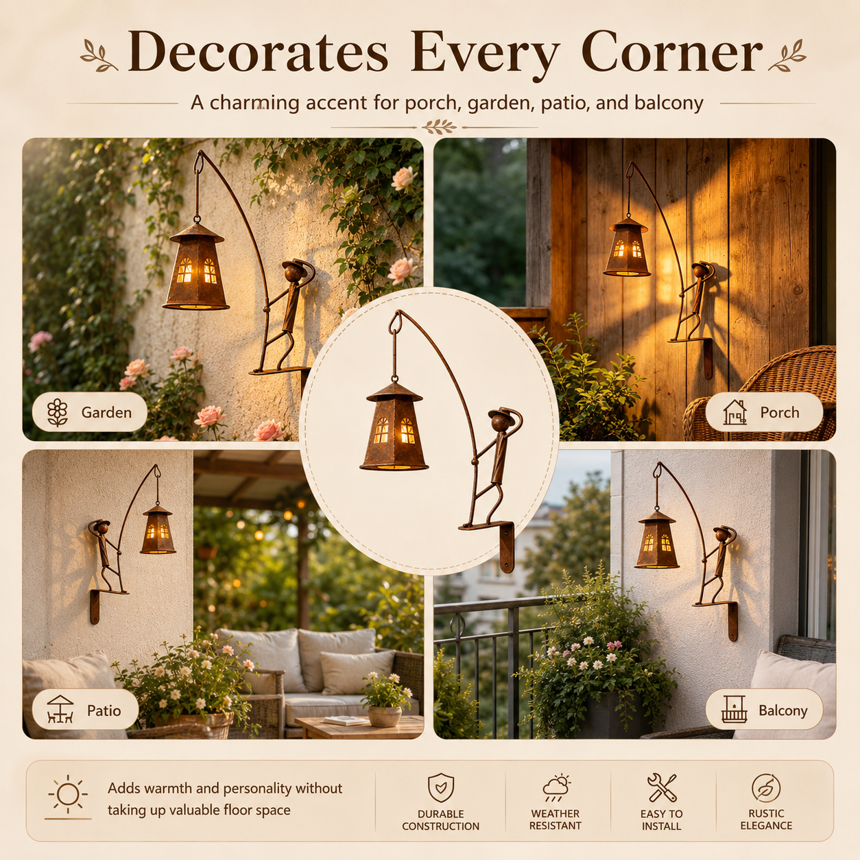 Rustic Fisherman Wall Lantern Holder Outdoor Metal Garden Decor