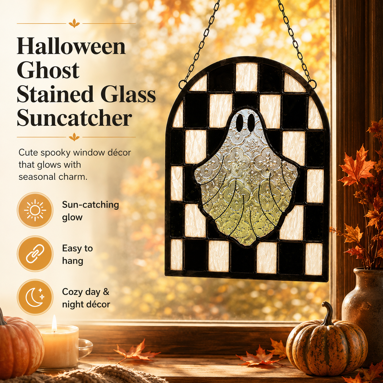 Halloween Ghost Stained Glass Window Suncatcher – Hanging Ghost Window Decor