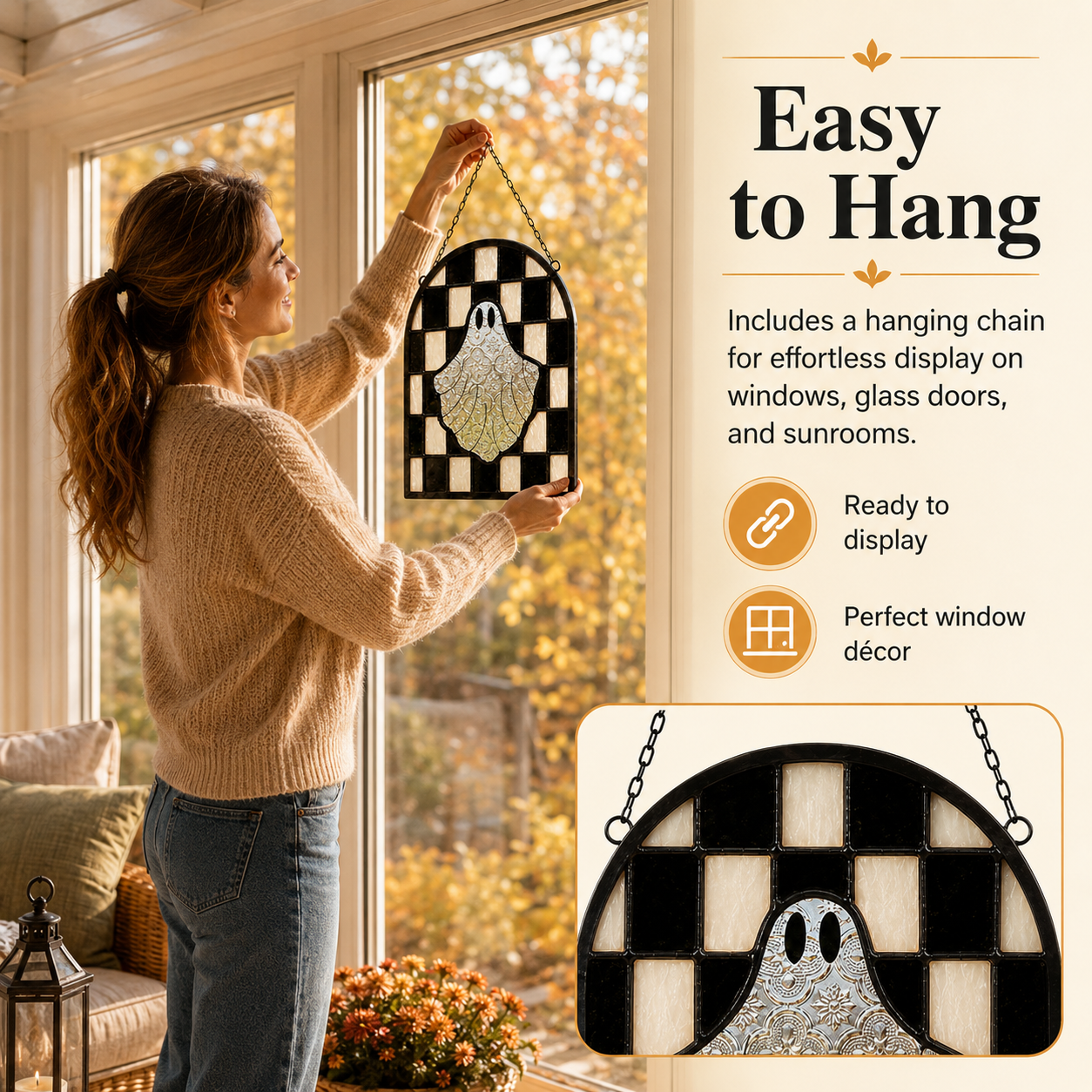 Halloween Ghost Stained Glass Window Suncatcher – Hanging Ghost Window Decor