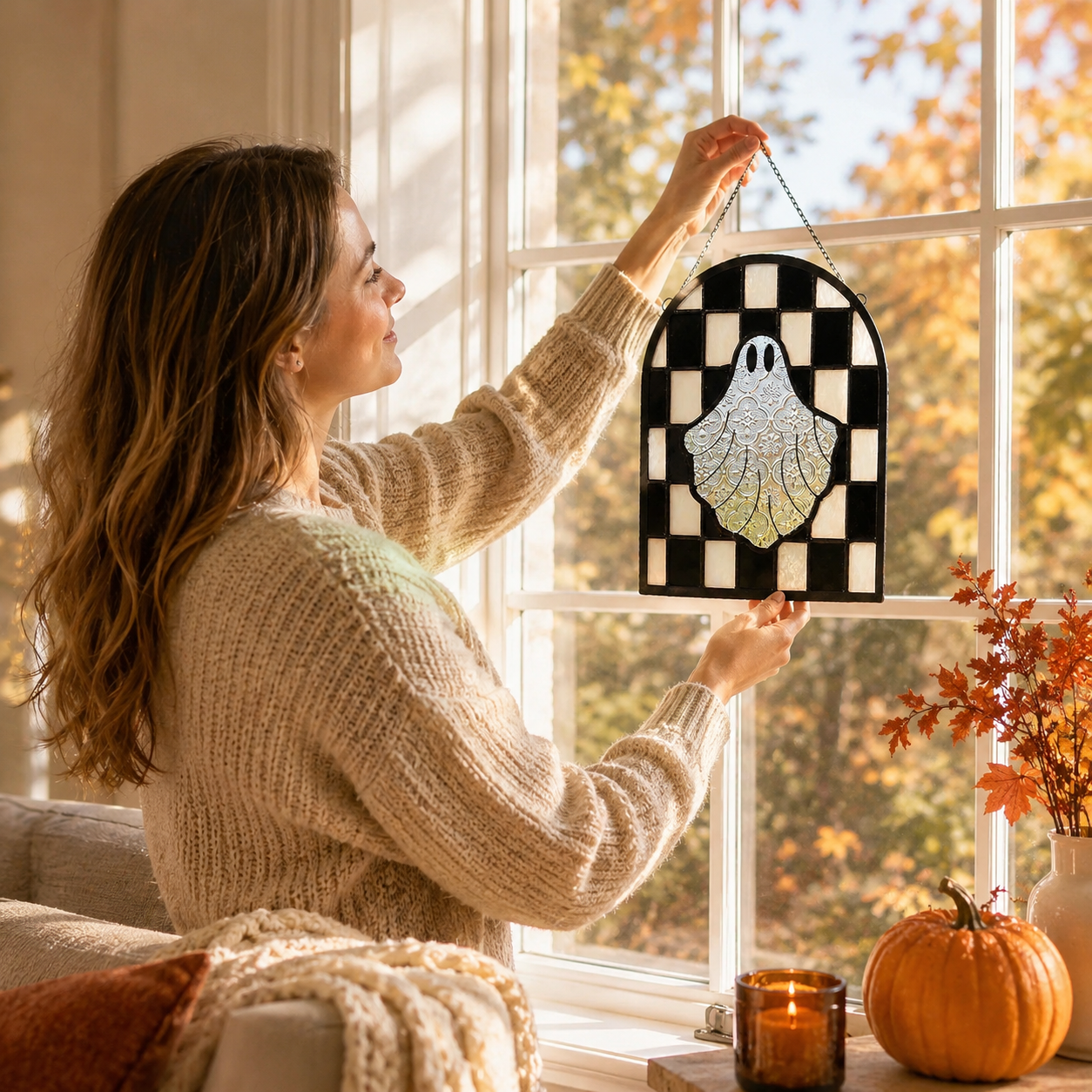 Halloween Ghost Stained Glass Window Suncatcher – Hanging Ghost Window Decor