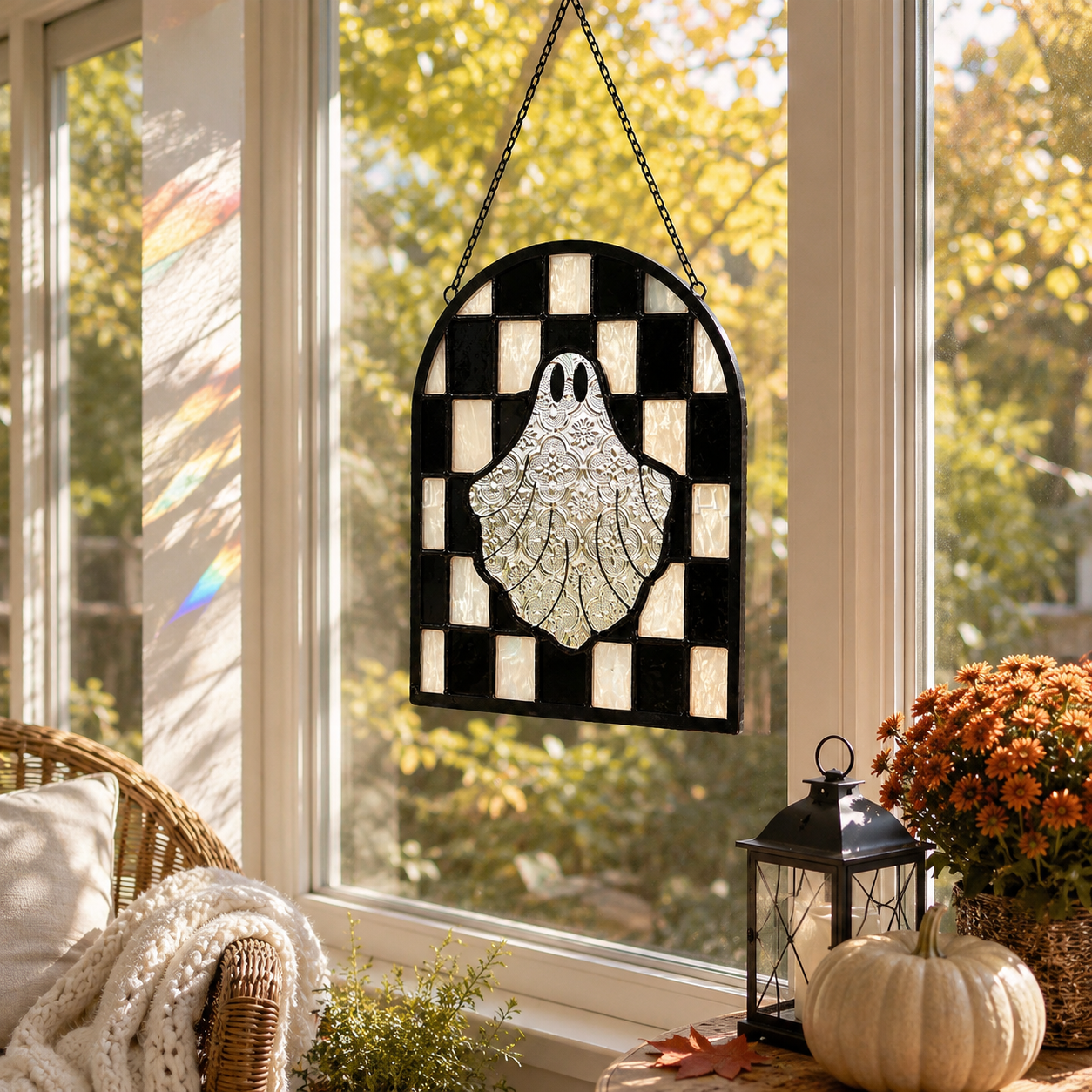 Halloween Ghost Stained Glass Window Suncatcher – Hanging Ghost Window Decor