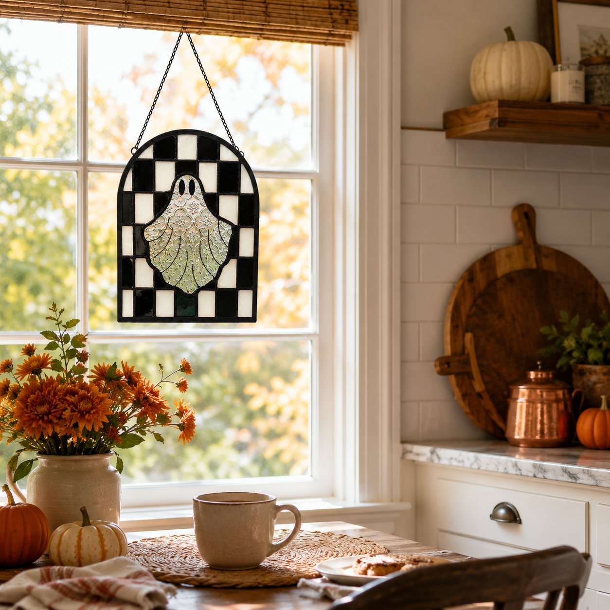 Halloween Ghost Stained Glass Window Suncatcher – Hanging Ghost Window Decor