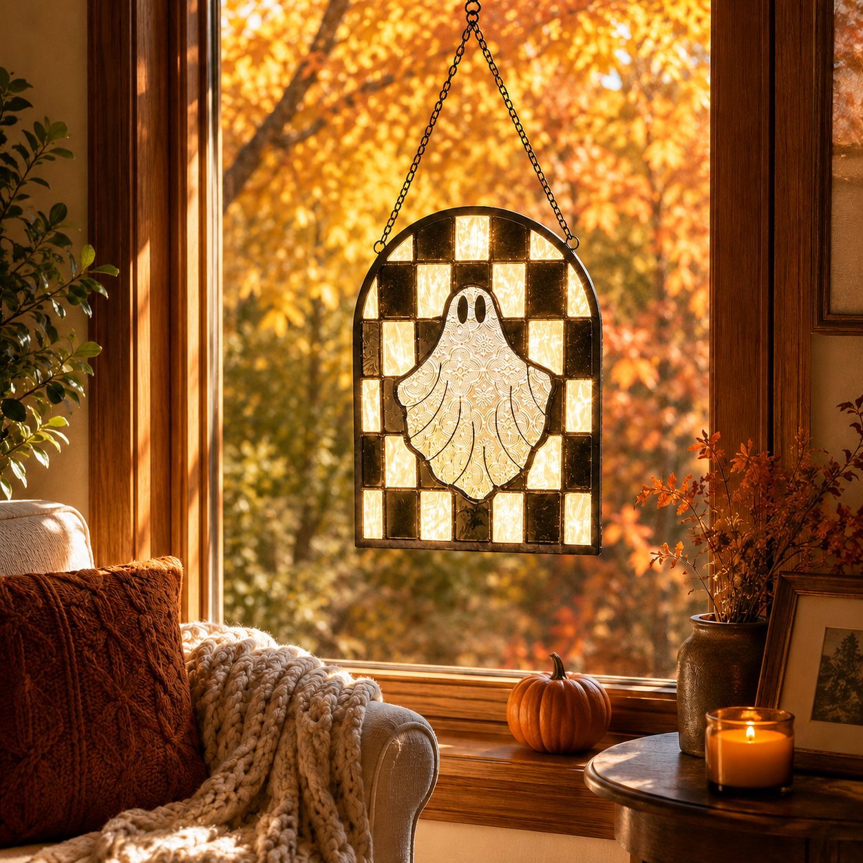 Halloween Ghost Stained Glass Window Suncatcher – Hanging Ghost Window Decor