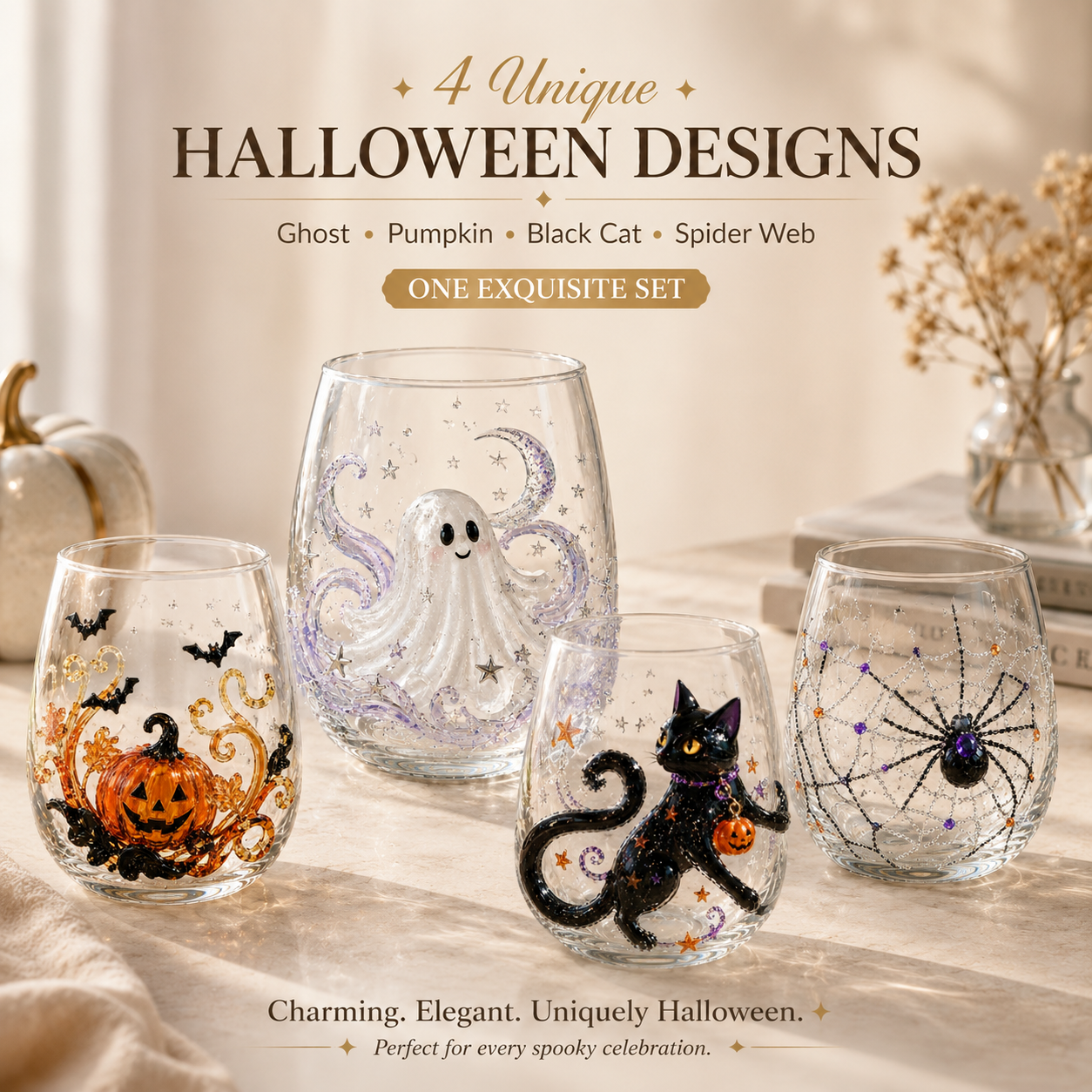 Halloween Glass Cup Set of 4, Embossed-Style Ghost Pumpkin Black Cat Spider Web Drinking Glasses
