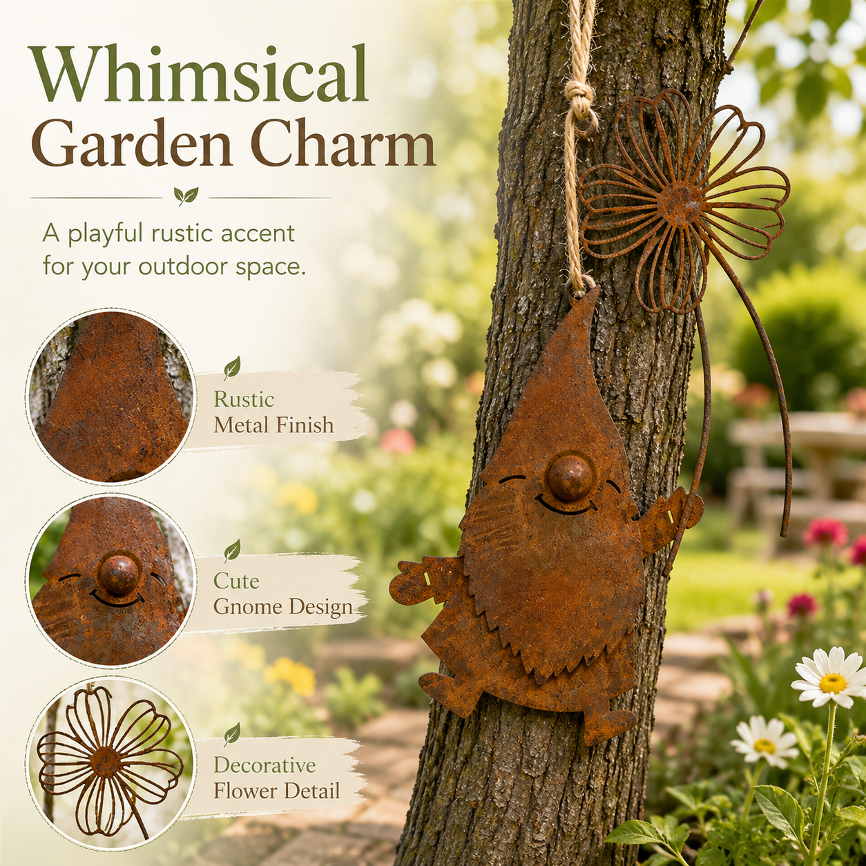 Rustic Metal Hanging Garden Gnome Decor with Flower