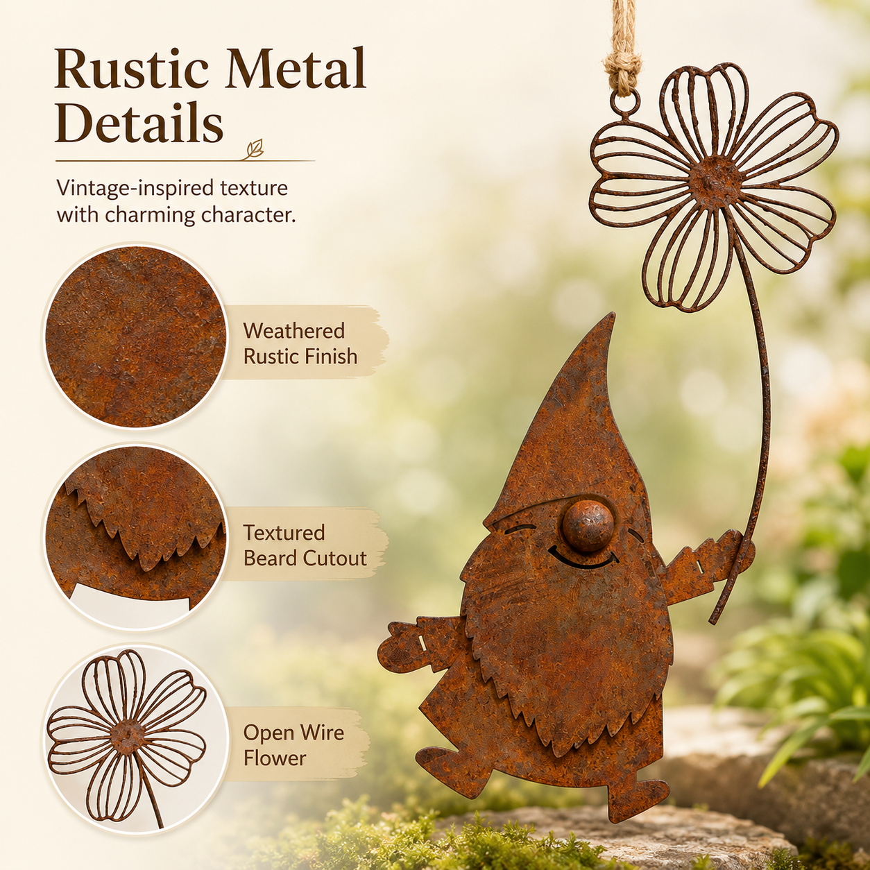 Rustic Metal Hanging Garden Gnome Decor with Flower