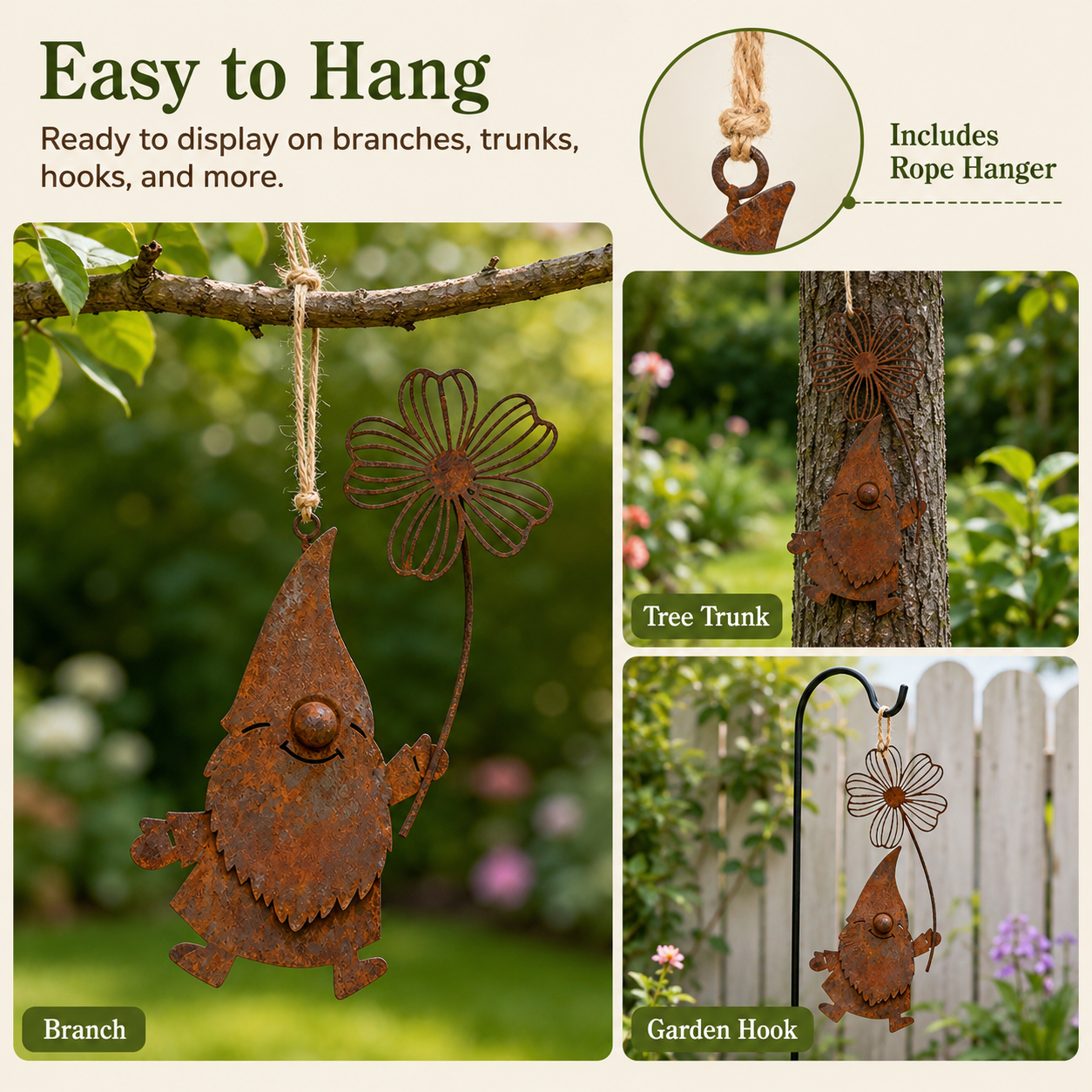 Rustic Metal Hanging Garden Gnome Decor with Flower