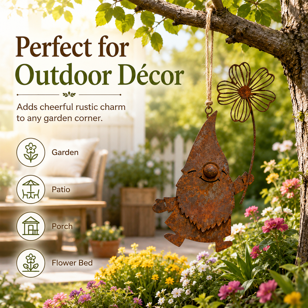 Rustic Metal Hanging Garden Gnome Decor with Flower