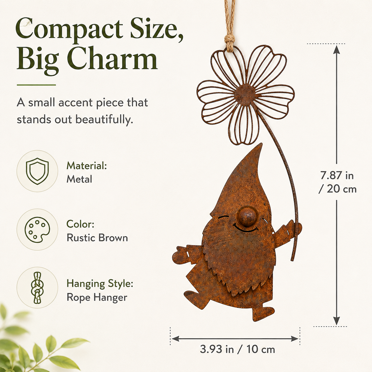Rustic Metal Hanging Garden Gnome Decor with Flower