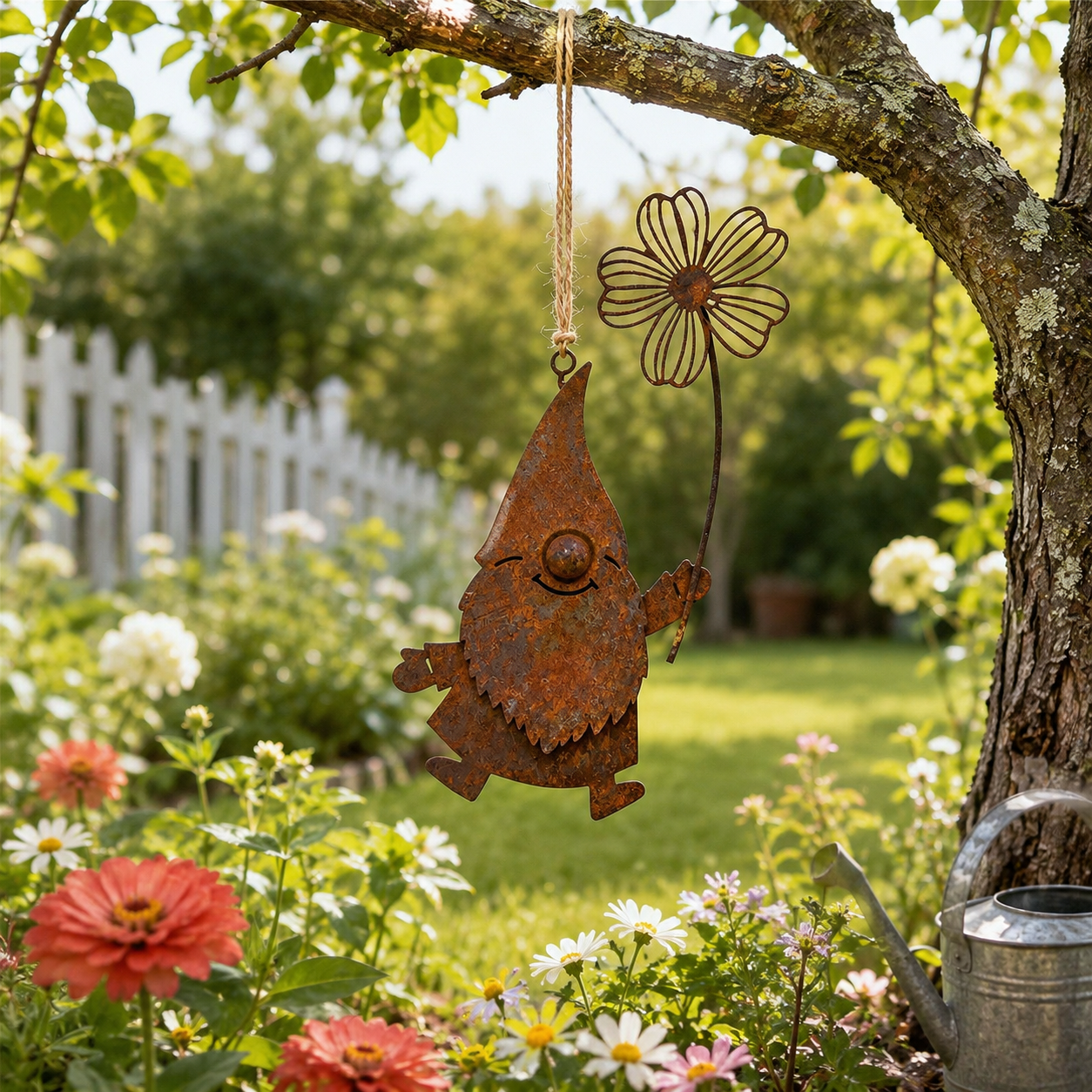 Rustic Metal Hanging Garden Gnome Decor with Flower