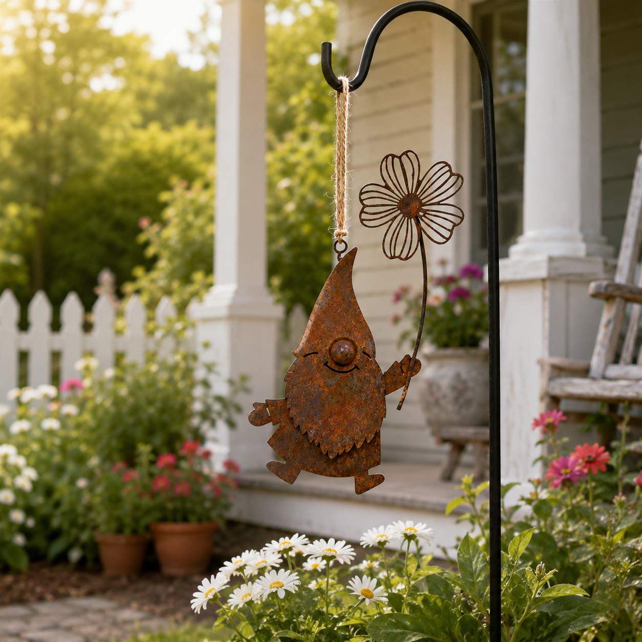 Rustic Metal Hanging Garden Gnome Decor with Flower