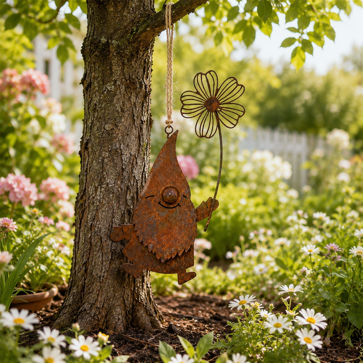 Rustic Metal Hanging Garden Gnome Decor with Flower