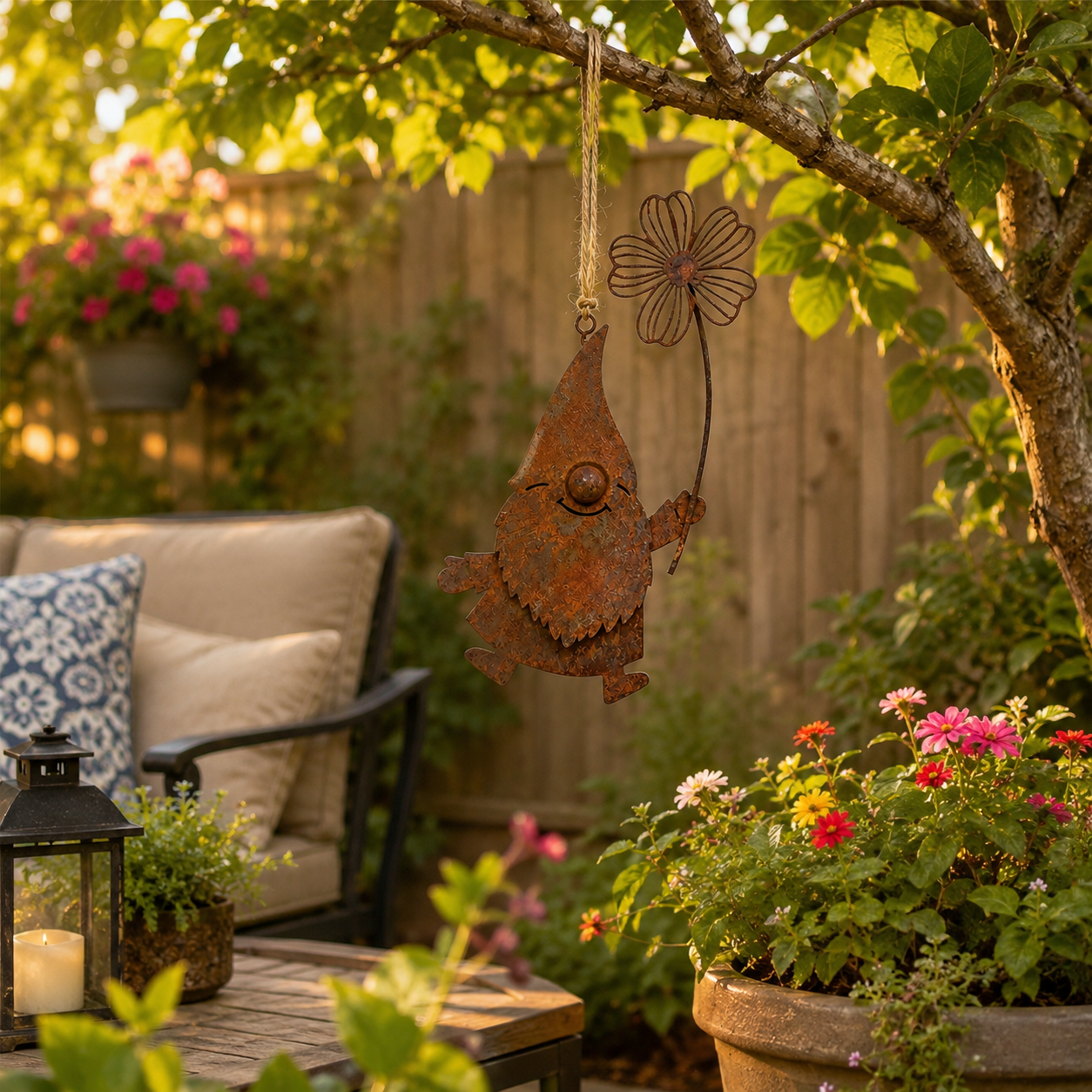 Rustic Metal Hanging Garden Gnome Decor with Flower