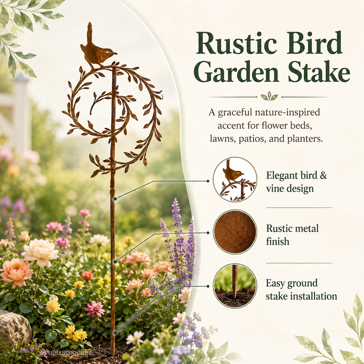 Metal Bird Garden Stake Decor, Rustic Bird & Vine Yard Art Stake