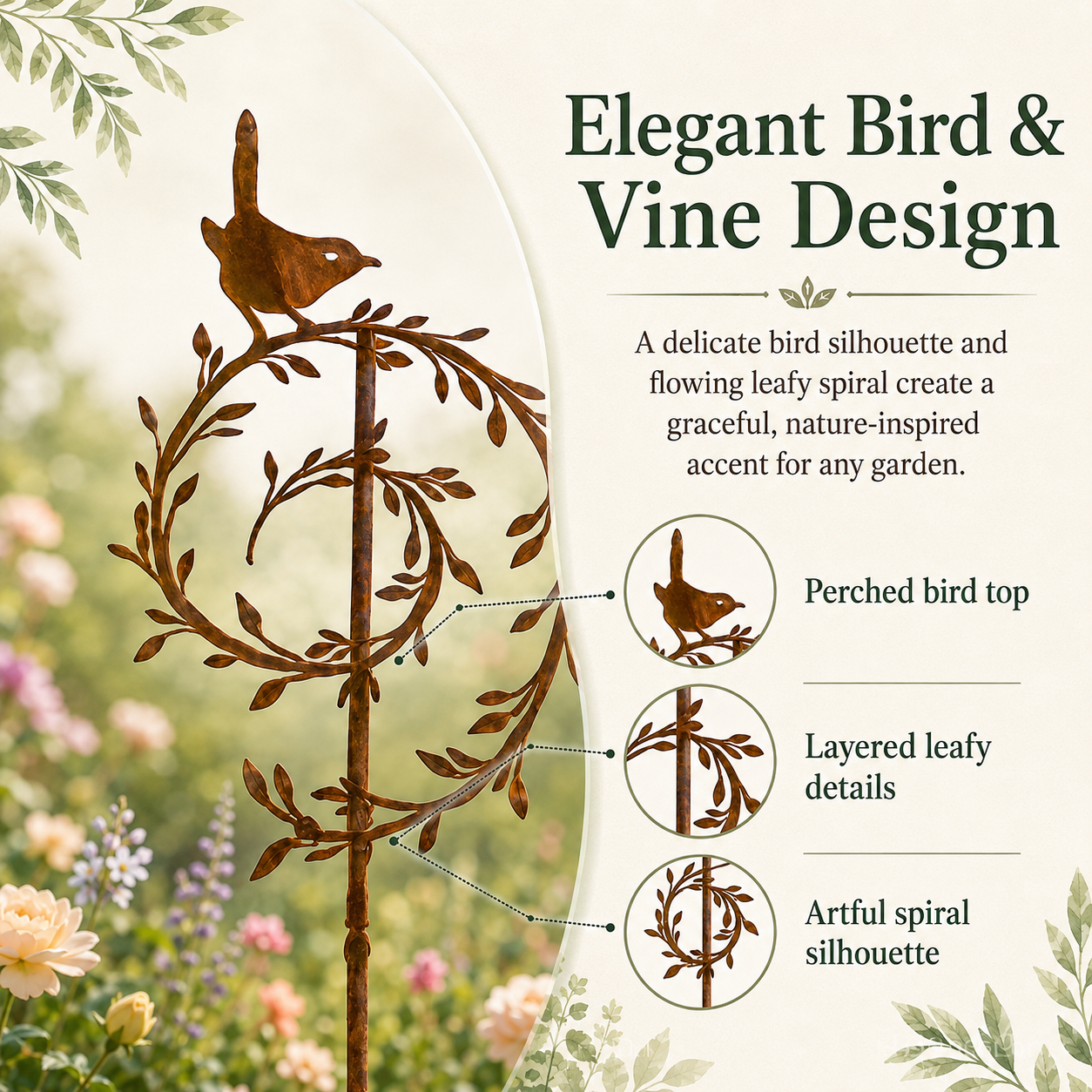Metal Bird Garden Stake Decor, Rustic Bird & Vine Yard Art Stake