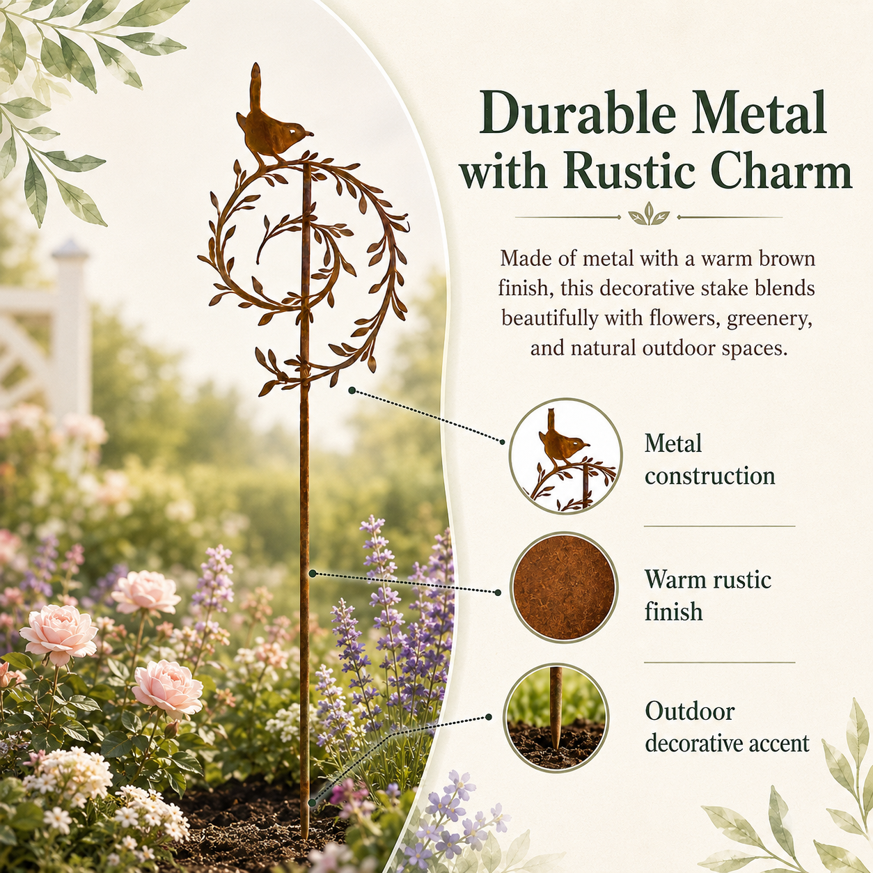Metal Bird Garden Stake Decor, Rustic Bird & Vine Yard Art Stake