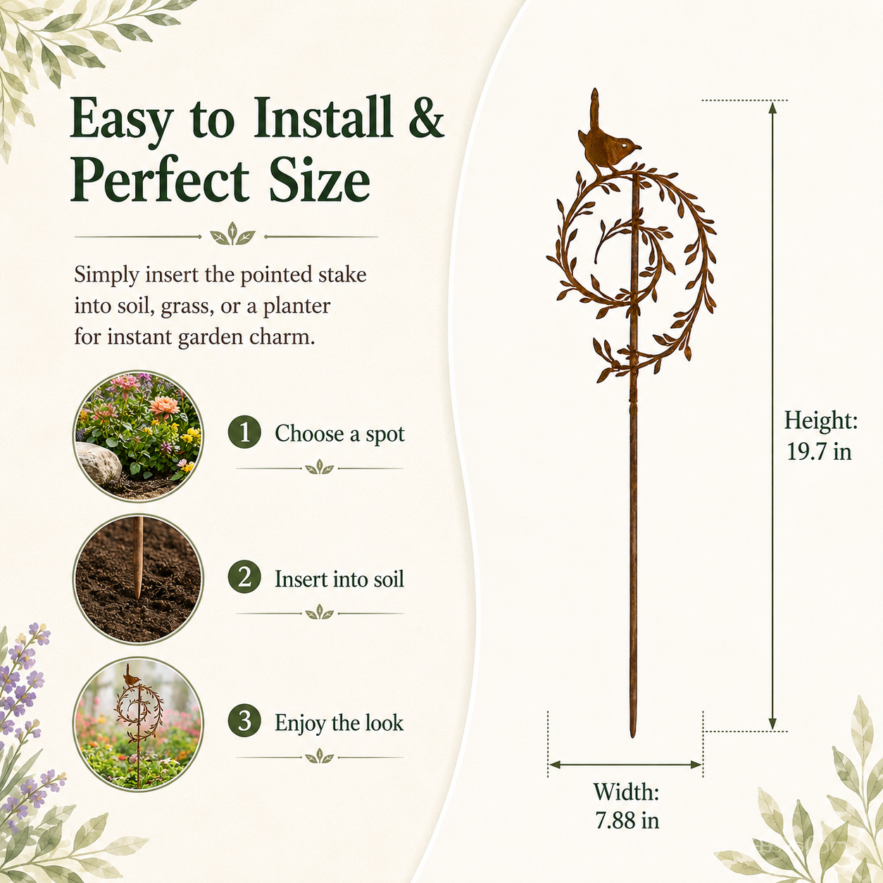 Metal Bird Garden Stake Decor, Rustic Bird & Vine Yard Art Stake