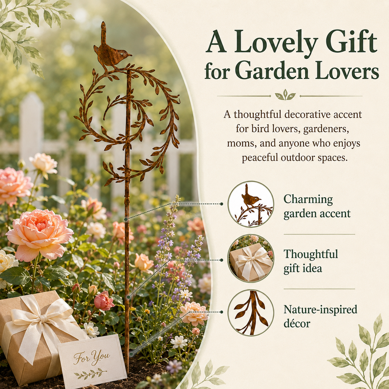 Metal Bird Garden Stake Decor, Rustic Bird & Vine Yard Art Stake