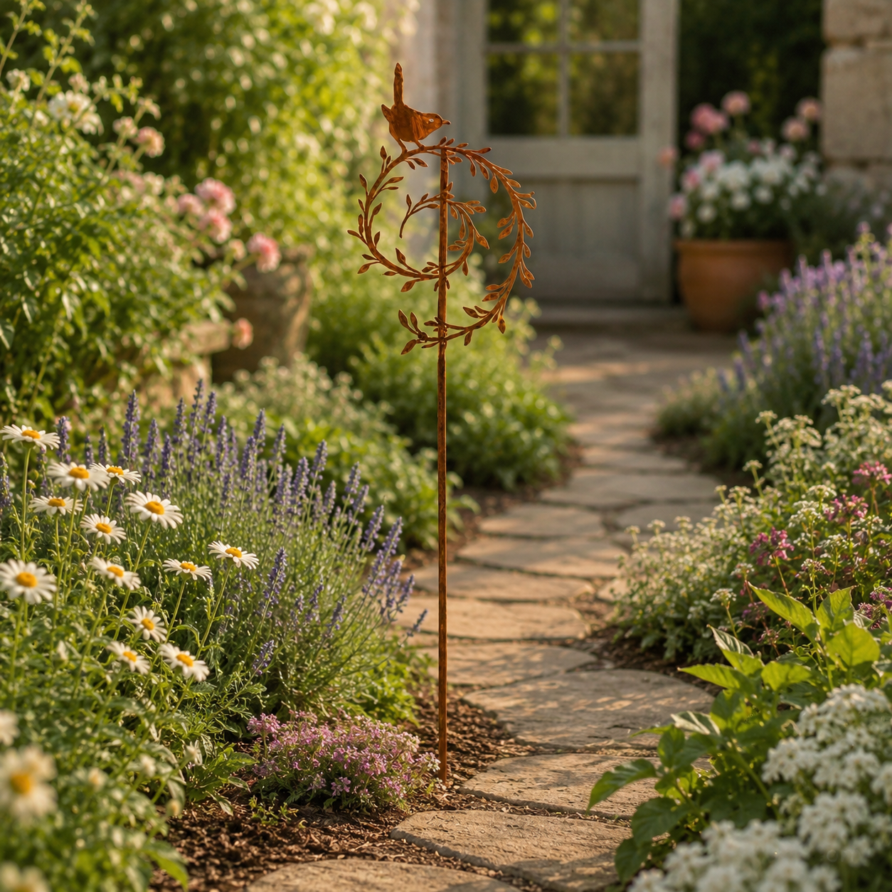 Metal Bird Garden Stake Decor, Rustic Bird & Vine Yard Art Stake
