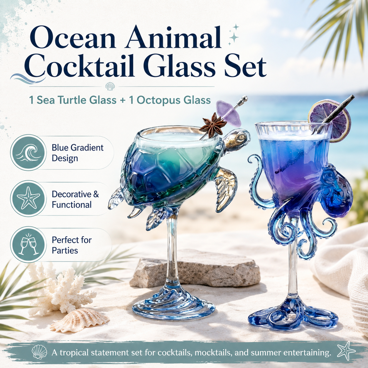 Ocean Animal Cocktail Glasses Set of 2