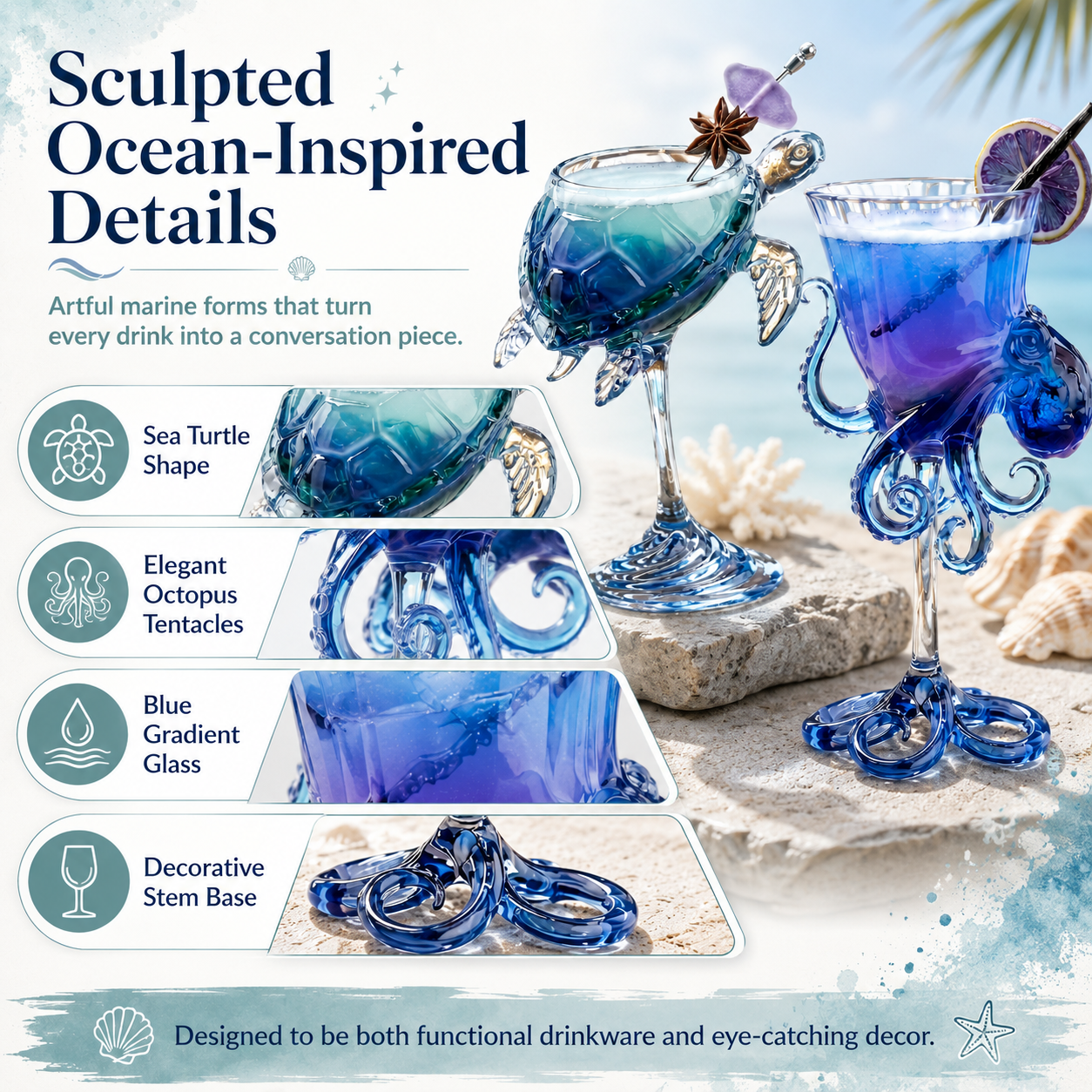 Ocean Animal Cocktail Glasses Set of 2
