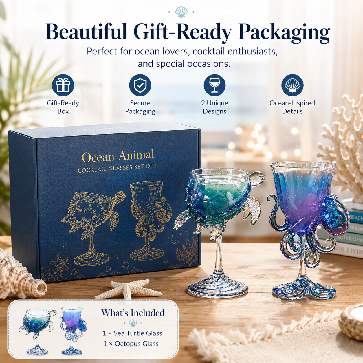 Ocean Animal Cocktail Glasses Set of 2