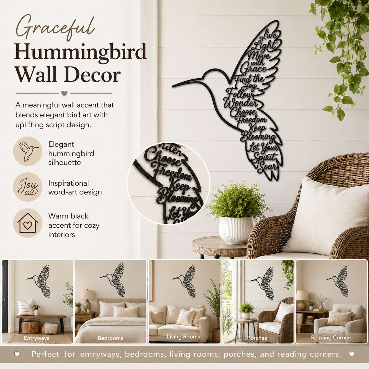 Hummingbird Metal Wall Decor, Inspirational Bird Wall Art for Home