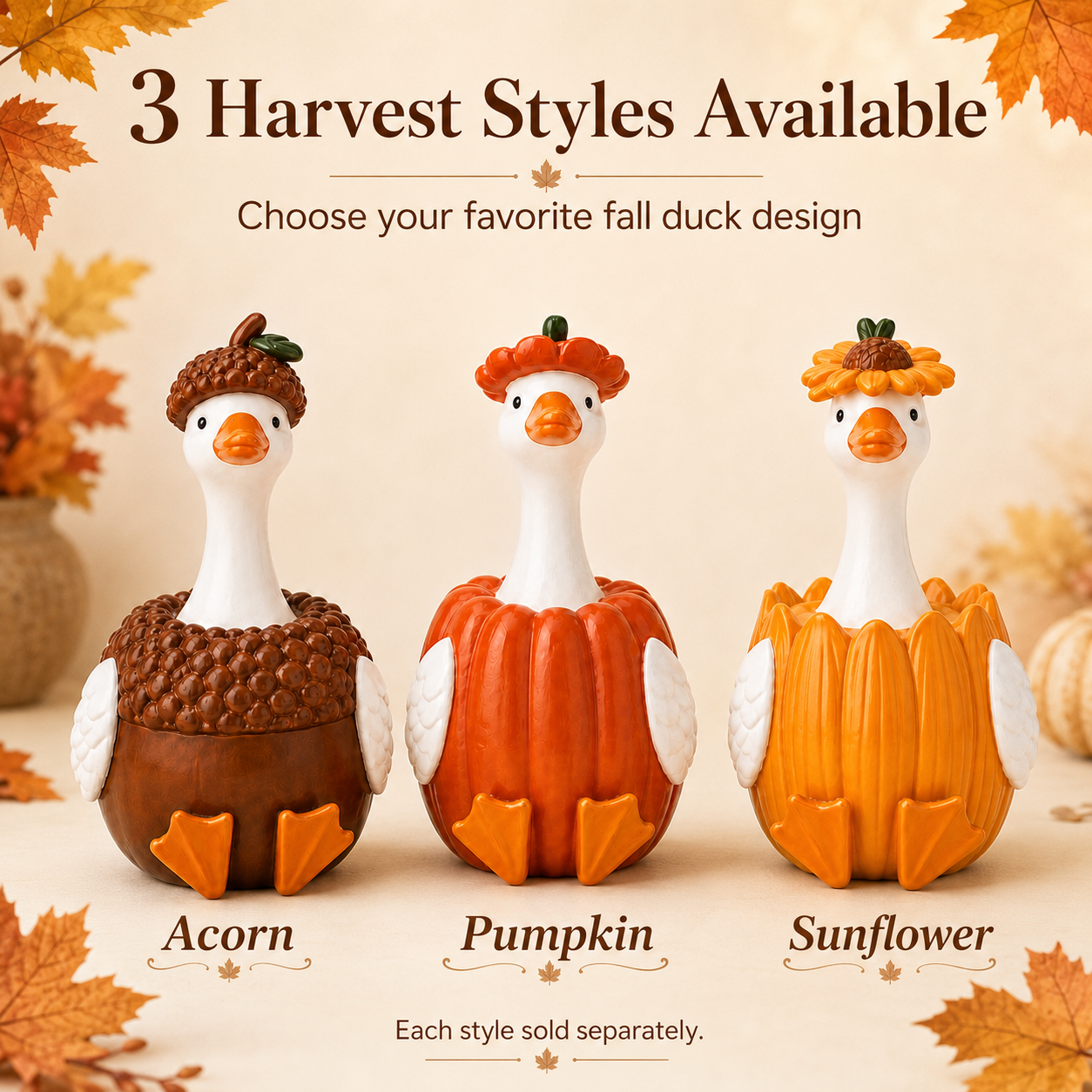 Harvest Duck Figurine – Fall Tabletop Decor, 3 Styles Available
