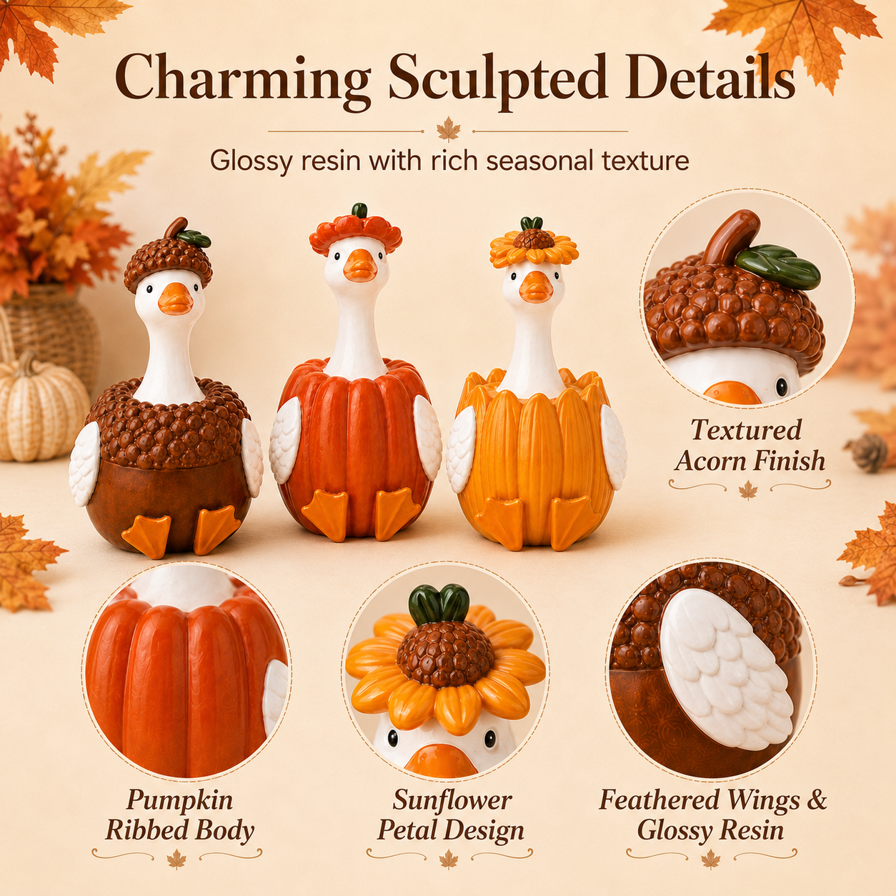 Harvest Duck Figurine – Fall Tabletop Decor, 3 Styles Available