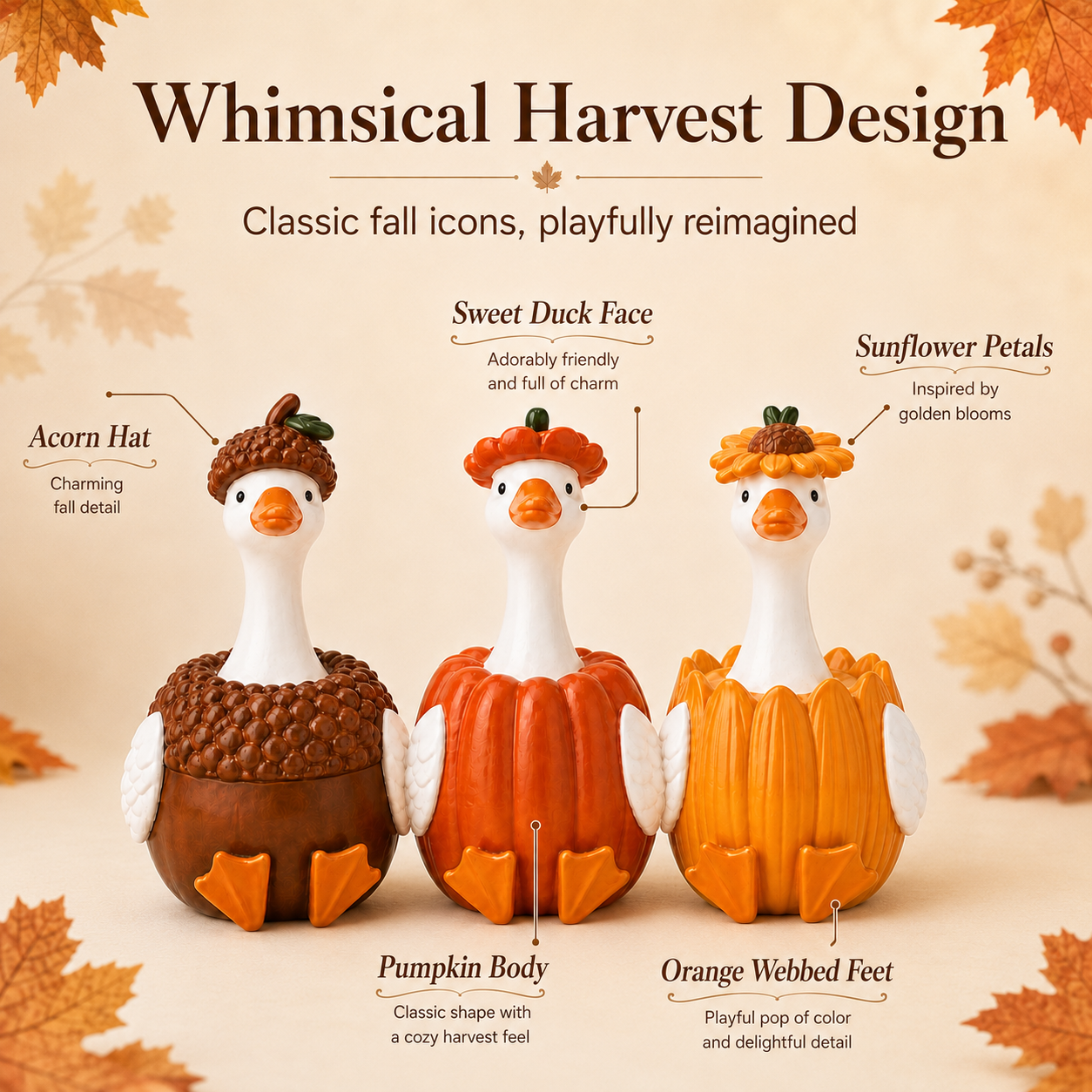 Harvest Duck Figurine – Fall Tabletop Decor, 3 Styles Available