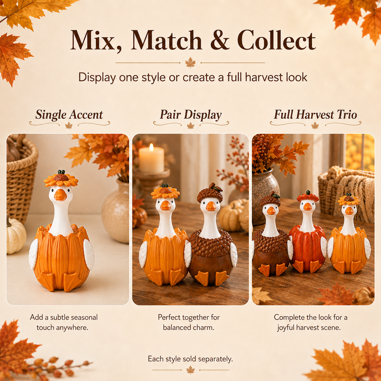 Harvest Duck Figurine – Fall Tabletop Decor, 3 Styles Available