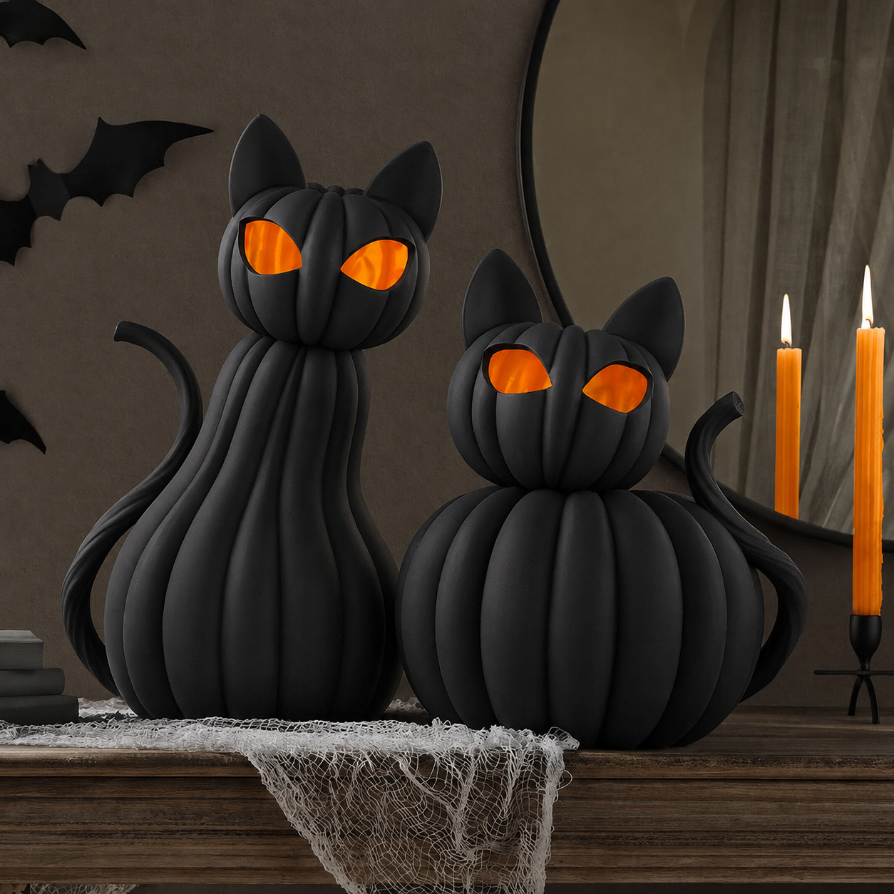 Lighted Black Cat Pumpkin Figurine – Halloween Tabletop Decor