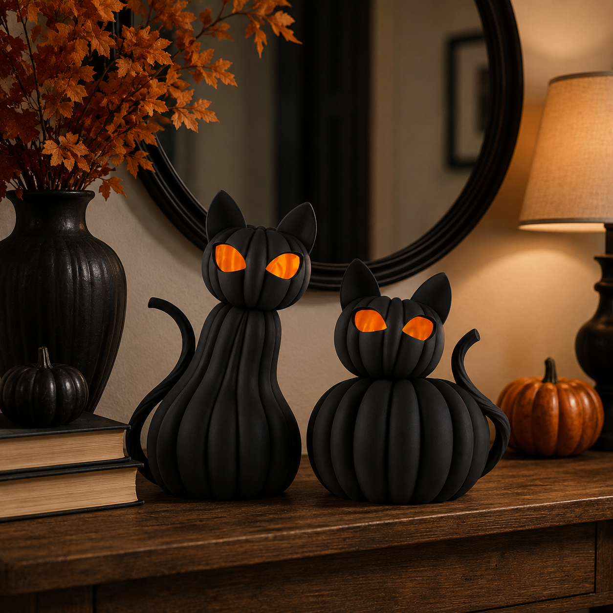 Lighted Black Cat Pumpkin Figurine – Halloween Tabletop Decor