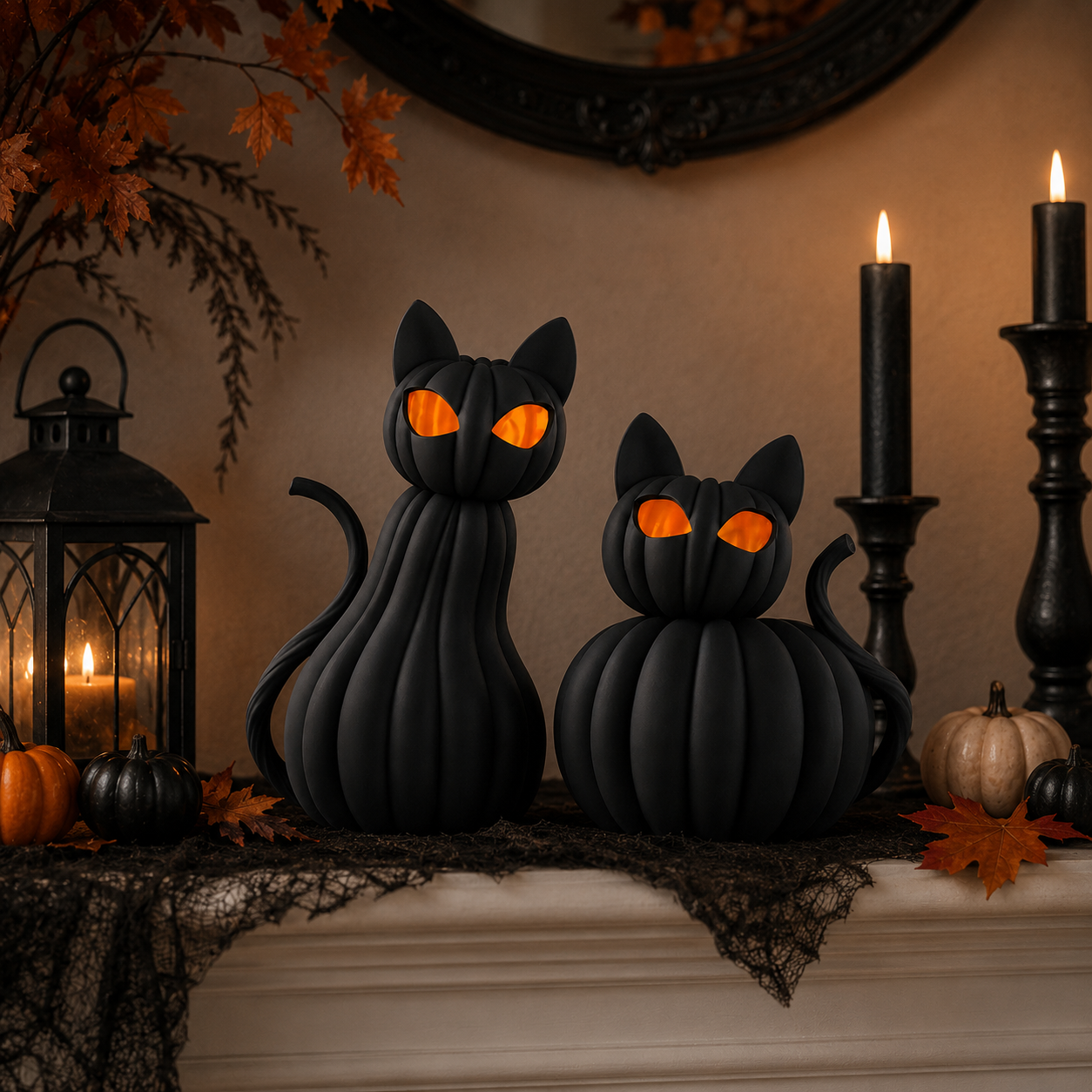 Lighted Black Cat Pumpkin Figurine – Halloween Tabletop Decor