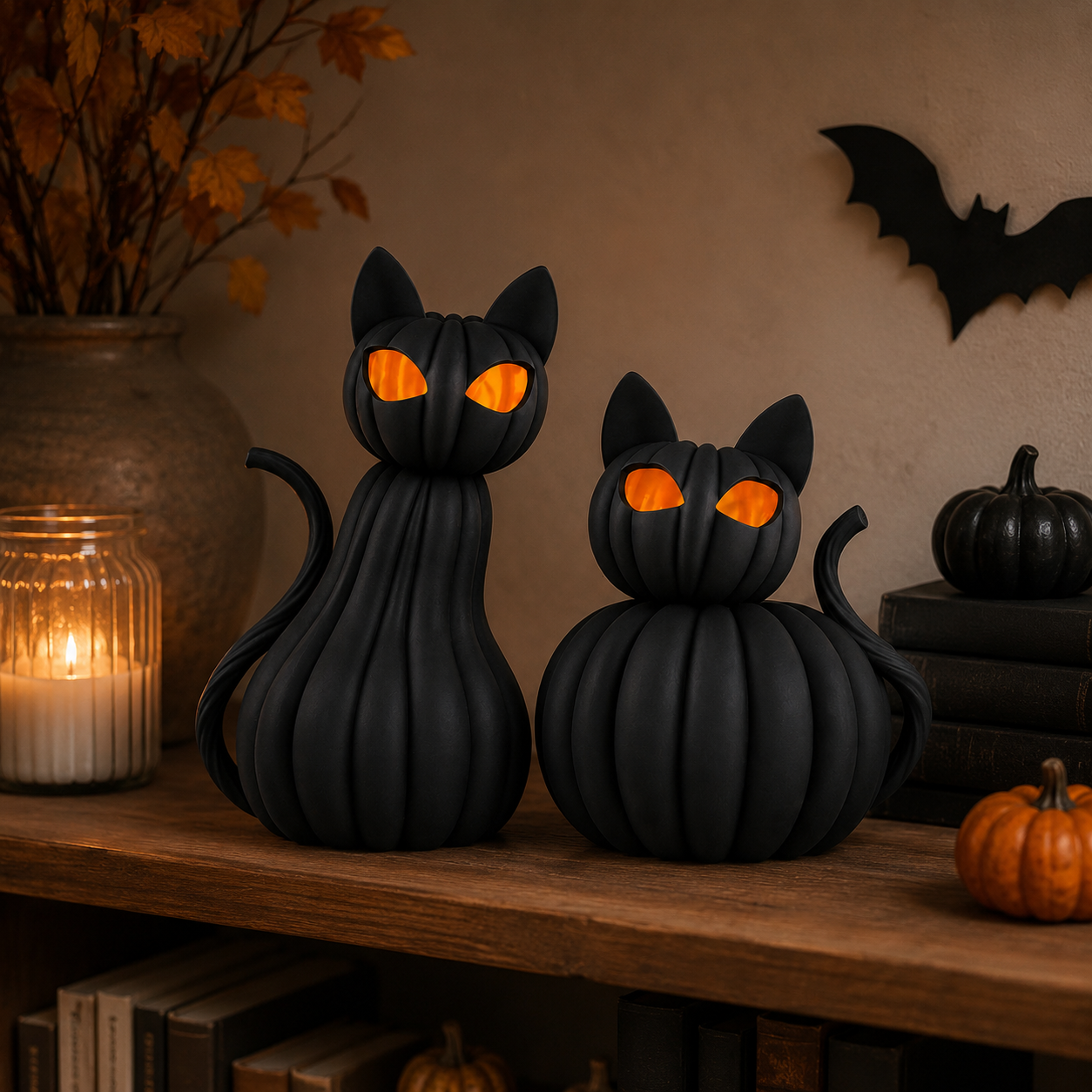 Lighted Black Cat Pumpkin Figurine – Halloween Tabletop Decor