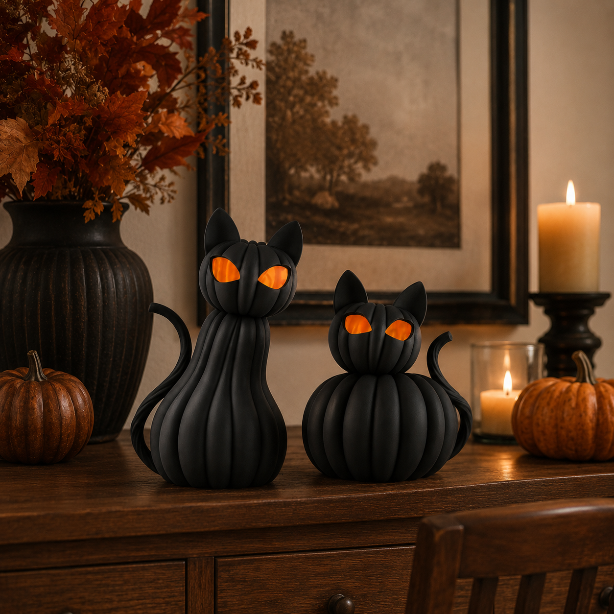 Lighted Black Cat Pumpkin Figurine – Halloween Tabletop Decor