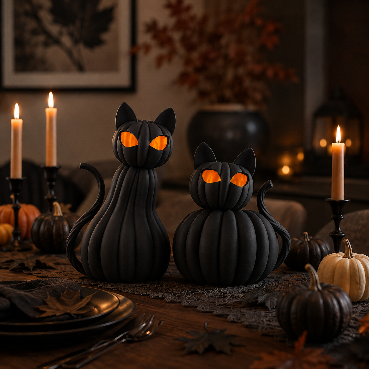 Lighted Black Cat Pumpkin Figurine – Halloween Tabletop Decor